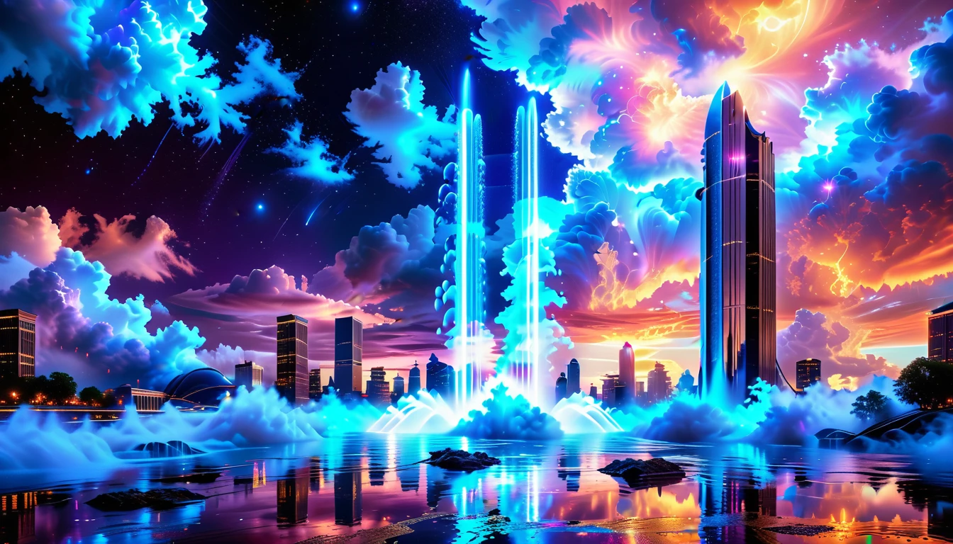 A Masterpiece In 32K Resolution, Supreme Quality, Super Detail, Official Art, Very High-Resolution 32K Wallpaper, Beautiful And Aesthetic, Ultra-Detailed Features, Awe-Inspiring Detail. An Enchanted Moonlit City-Towers Glitter Under The Light Of The Full Moon As Iridescent Rivers Flow Through The Streets, Cascading Into A Luminous Fountain. Nebula-Like Clouds Drift Above, And The Entire City Glows With A Bioluminescent Radiance, Framed By Stunning Galactic Vistas.