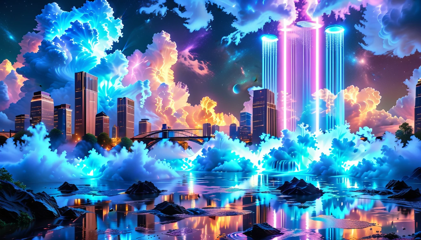 A Masterpiece In 32K Resolution, Supreme Quality, Super Detail, Official Art, Very High-Resolution 32K Wallpaper, Beautiful And Aesthetic, Ultra-Detailed Features, Awe-Inspiring Detail. An Enchanted Moonlit City-Towers Glitter Under The Light Of The Full Moon As Iridescent Rivers Flow Through The Streets, Cascading Into A Luminous Fountain. Nebula-Like Clouds Drift Above, And The Entire City Glows With A Bioluminescent Radiance, Framed By Stunning Galactic Vistas.