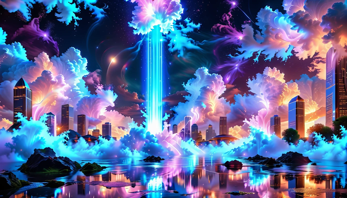 A Masterpiece In 32K Resolution, Supreme Quality, Super Detail, Official Art, Very High-Resolution 32K Wallpaper, Beautiful And Aesthetic, Ultra-Detailed Features, Awe-Inspiring Detail. An Enchanted Moonlit City-Towers Glitter Under The Light Of The Full Moon As Iridescent Rivers Flow Through The Streets, Cascading Into A Luminous Fountain. Nebula-Like Clouds Drift Above, And The Entire City Glows With A Bioluminescent Radiance, Framed By Stunning Galactic Vistas.