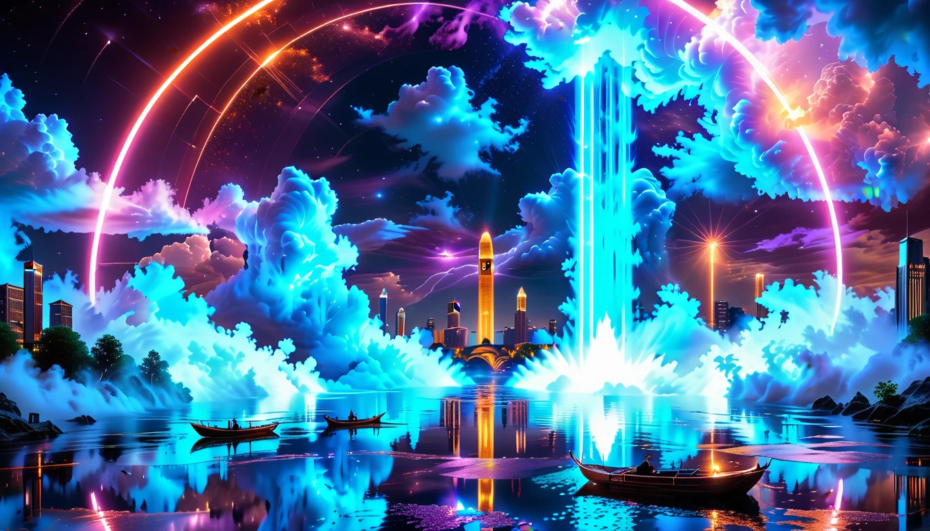 A Masterpiece In 32K Resolution, Supreme Quality, Super Detail, Official Art, Very High-Resolution 32K Wallpaper, Beautiful And Aesthetic, Ultra-Detailed Features, Awe-Inspiring Detail. An Enchanted Moonlit City-Towers Glitter Under The Light Of The Full Moon As Iridescent Rivers Flow Through The Streets, Cascading Into A Luminous Fountain. Nebula-Like Clouds Drift Above, And The Entire City Glows With A Bioluminescent Radiance, Framed By Stunning Galactic Vistas.