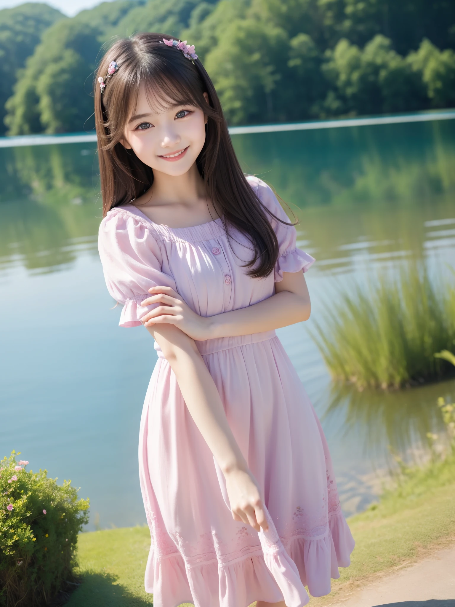 A close up of a woman in a pink dress near a body of water - SeaArt AI