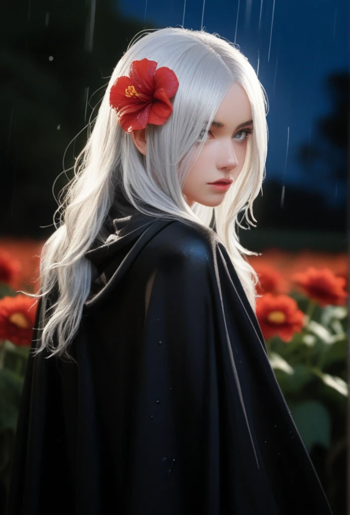 1Girl,One,1Girl,One,((beautiful detailed eyes)), (Detailed light),depth of field,(White hair),silver eyes,hair above one eye,(Red flower ), hair flower,Long hair,black cloak,Wet,insensitive,looking back,Night,meteor shower,it&#39;s raining,fog,Red flowers falling,sketch,upper body,intense shadows,