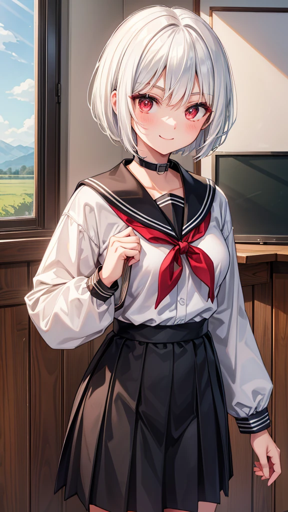 high school student　short hair　Tall　Narrow eyes　smile　Glare　Reckless attitude　Country style black sailor suit　Nagoya collar　Long skirt　stand　Rural classroom　White Hair　Red eyes　tall