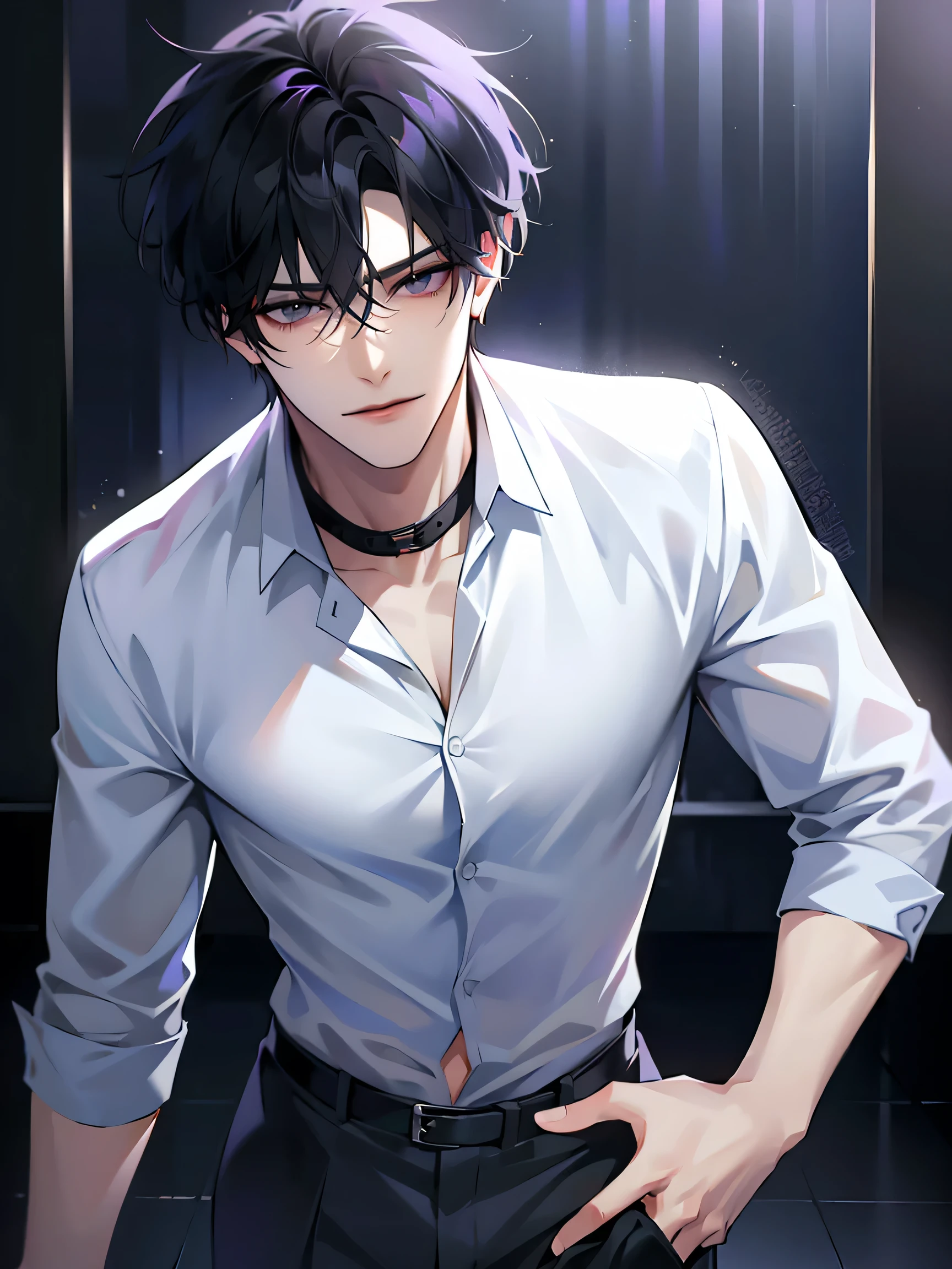 (masterpiece, 8K, high quality, Best quality:1.6), 1 boy, Solitary, Short hair, Black Hair, Asymmetrical bangs, Purple Eyes, Handsome, Sharp eyes, (Mature male, Mature:1.2), Male attention, fashionable, Tucked into an open white collared shirt, Grey pants, close up, Smile, Long eyelashes, Soft Shadows, Perfect Anatomy, Hand touching the audience’s abdominal muscles and navel