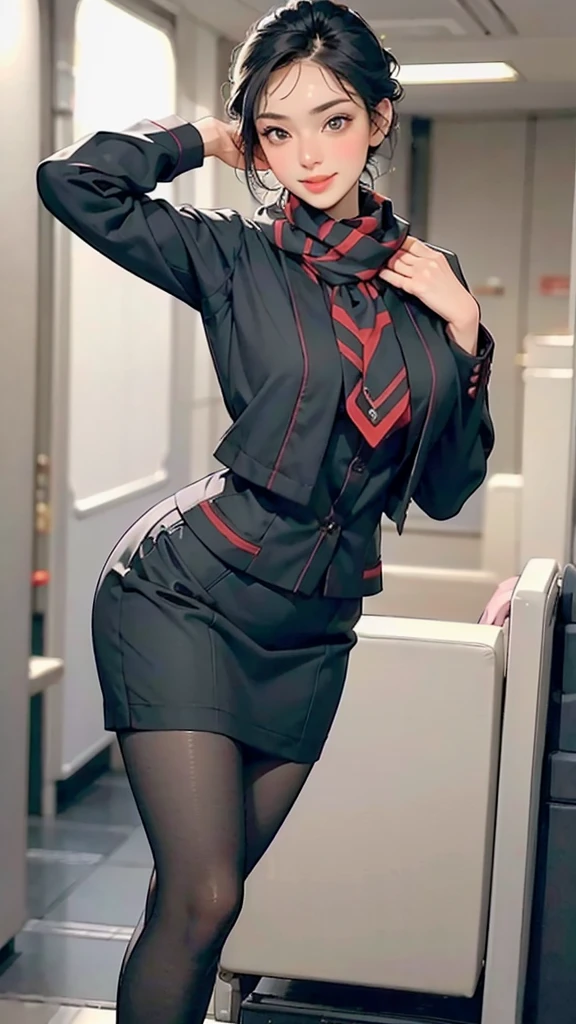 (1girl, solo:1.3, seductive woman, 29yo), (Stewardess, (black mini pencil-skirt), pantyhose ), (standing), clear skin, slim, salute, scarf, black updo, [smile:0.7], saggy huge breasts, airport, high heels, facing view, (best quality, realistic, highres), ultra detailed, (beautiful detailed face, makeup, big eyes, beautiful lips, full of sex appeal )