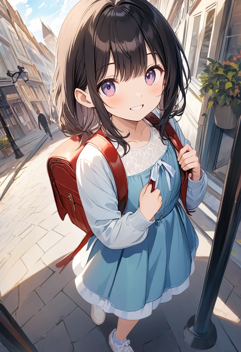 Very cute、(Super detailed)、Best Quality、8k、One Girl、Dynamic Angle、smile、Noise Reduction、High resolution、Super detailed、Game CG、Dutch Angle、Beautiful fine details、Visual Arts、Five fingers、Perfect hands、Walking、Red School Bag、(Very short)、Outside streetscape、Camera from above