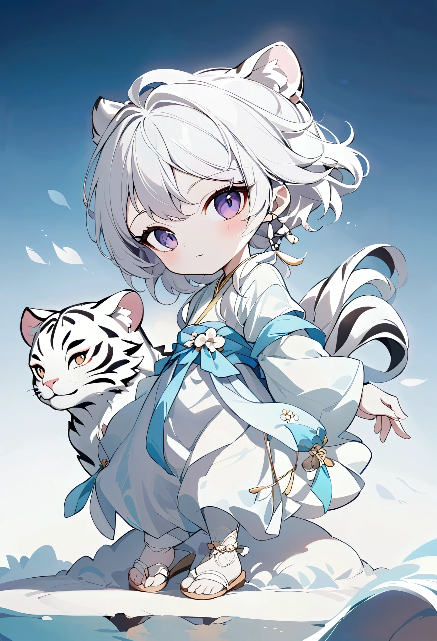 Chinese Cool,Cute anime ,White hair,Hanfu,White Tiger