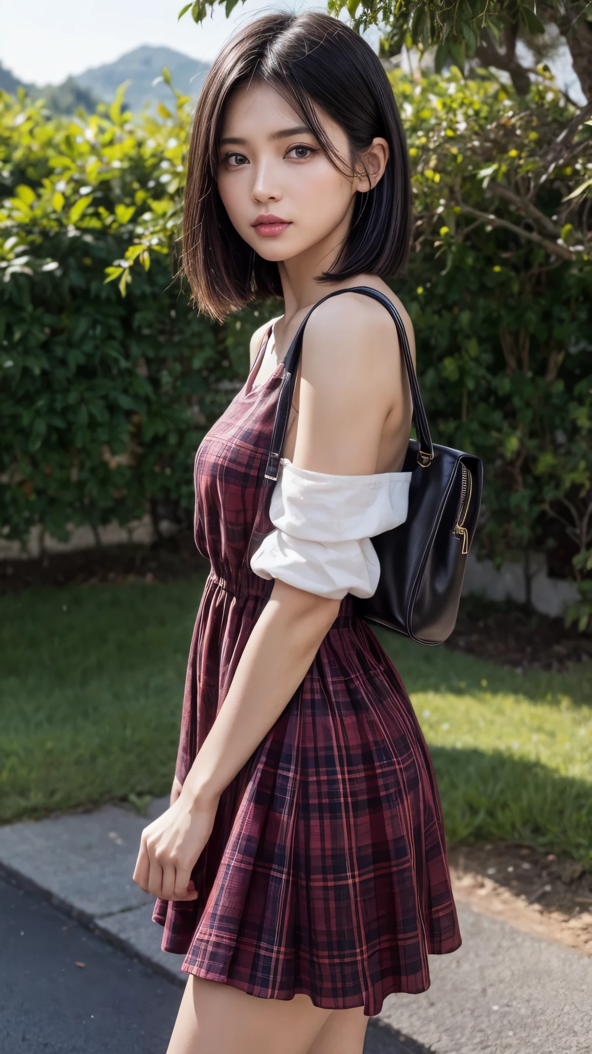(from side2.0),beautiful detailed eyes, beautiful detailed lips, extremely detailed eyes and face, longeyelashes, 1 girl, face close up, outside the countryside,, sweat, (dark skin color),(very short black hair),displeased, sulky, ((casual fashion,casual dress,pink plaids dress,no sleeve)),(sandal),shoulder bag,best quality, 4k, 8k, highres, masterpiece:1.2, ultra-detailed, realistic, photorealistic, photo-realistic:1.37, HDR, UHD, studio lighting, ultra-fine painting, sharp focus, physically-based rendering, extreme detail description, professional, vivid colors, bokeh, portraits