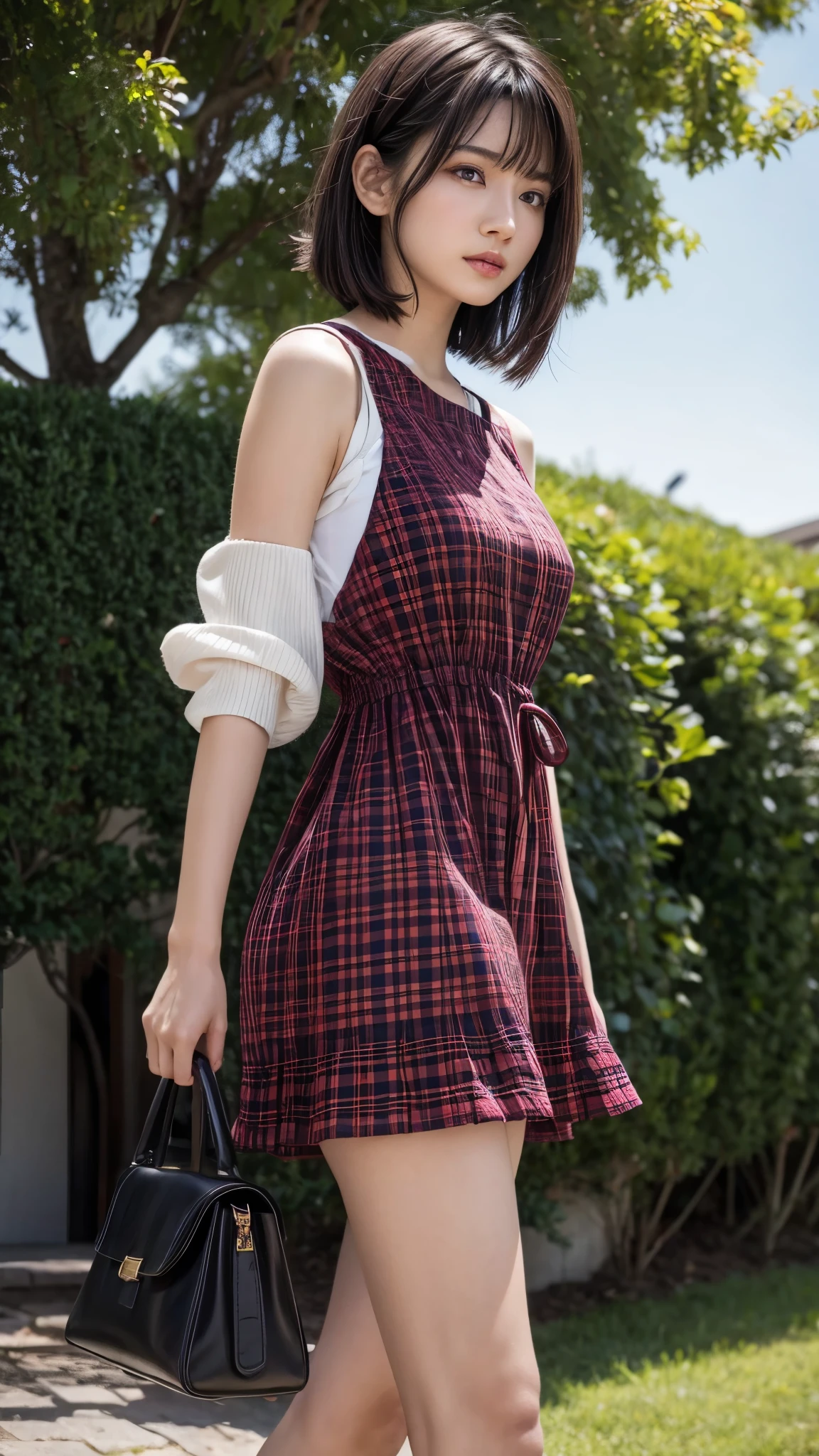 (from side2.0),beautiful detailed eyes, beautiful detailed lips, extremely detailed eyes and face, longeyelashes, 1 girl, face close up, outside the countryside,, sweat, (dark skin color),(very short black hair),displeased, sulky, ((casual fashion,casual dress,pink plaids dress,no sleeve)),(sandal),shoulder bag,best quality, 4k, 8k, highres, masterpiece:1.2, ultra-detailed, realistic, photorealistic, photo-realistic:1.37, HDR, UHD, studio lighting, ultra-fine painting, sharp focus, physically-based rendering, extreme detail description, professional, vivid colors, bokeh, portraits