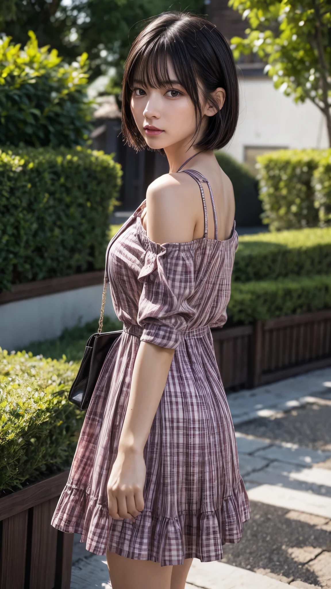 (from side2.0),beautiful detailed eyes, beautiful detailed lips, extremely detailed eyes and face, longeyelashes, 1 girl, face close up, outside the countryside,, sweat, (dark skin color),(very short black hair),displeased, sulky, ((casual fashion,casual dress,pink plaids dress,no sleeve)),(sandal),shoulder bag,best quality, 4k, 8k, highres, masterpiece:1.2, ultra-detailed, realistic, photorealistic, photo-realistic:1.37, HDR, UHD, studio lighting, ultra-fine painting, sharp focus, physically-based rendering, extreme detail description, professional, vivid colors, bokeh, portraits 