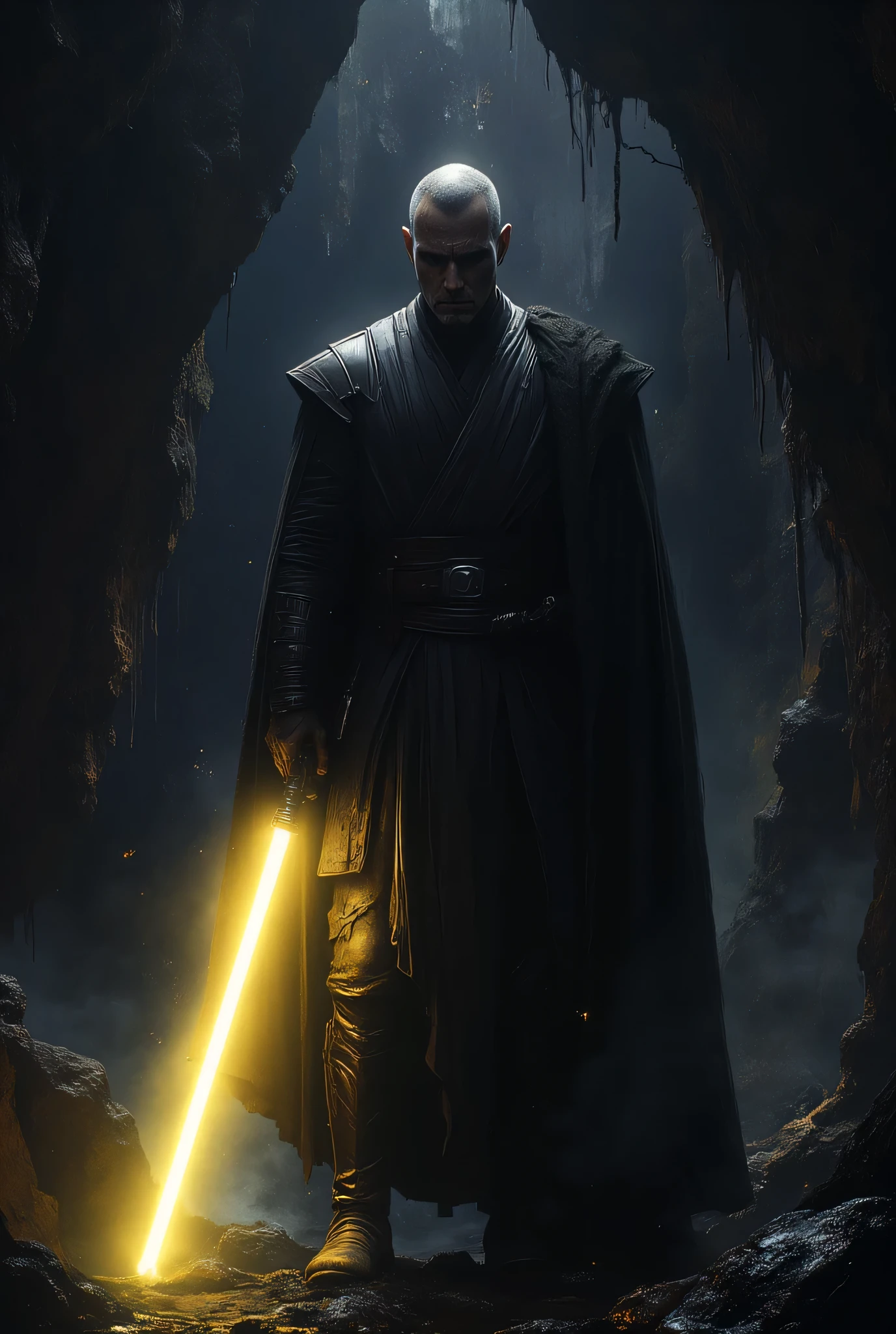 an intense and battle hardened Jedi in a extremely dark environment, barely illuminated only by his yellow lightsaber,, Grunge, Hyperrealism, Overhead Lighting, RGB Lighting, Sony A7R IV, Ultra Wide Angle Lens, Dark Colors, Gold, Liquid Crystal, Optical Fiber, Fantasy, Quasar Quilt Backdrop, Prism Effect, 8k, By Roy Lichtenstein, DarkAtmosCE style, Mid art,