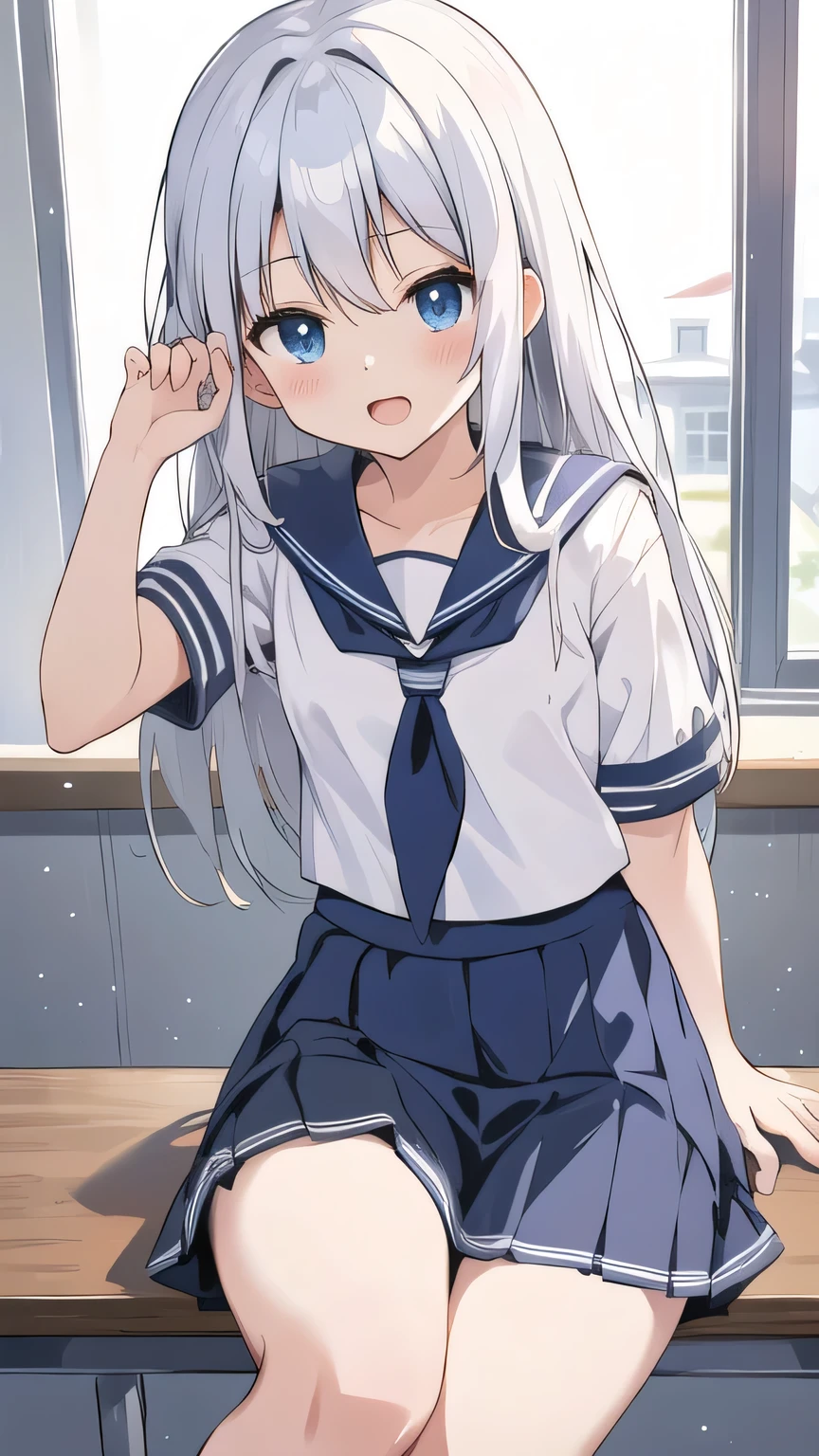 cute girl, アニメ, silver hair, straight hair, Blue eyes, (young:0.9), (small bust:0.5), (cute:1.3), (middle bust:0.8), (cute girl:1.2), cowboy shot, cute, side shot, (Smail:1.3), open mouth, backwards, (sit down:1.4), (white school uniform:1.6), (dark blue skirt:1.5), (ローアングル:1.4), close eyes, (seduce:1.4), open leg, o-face