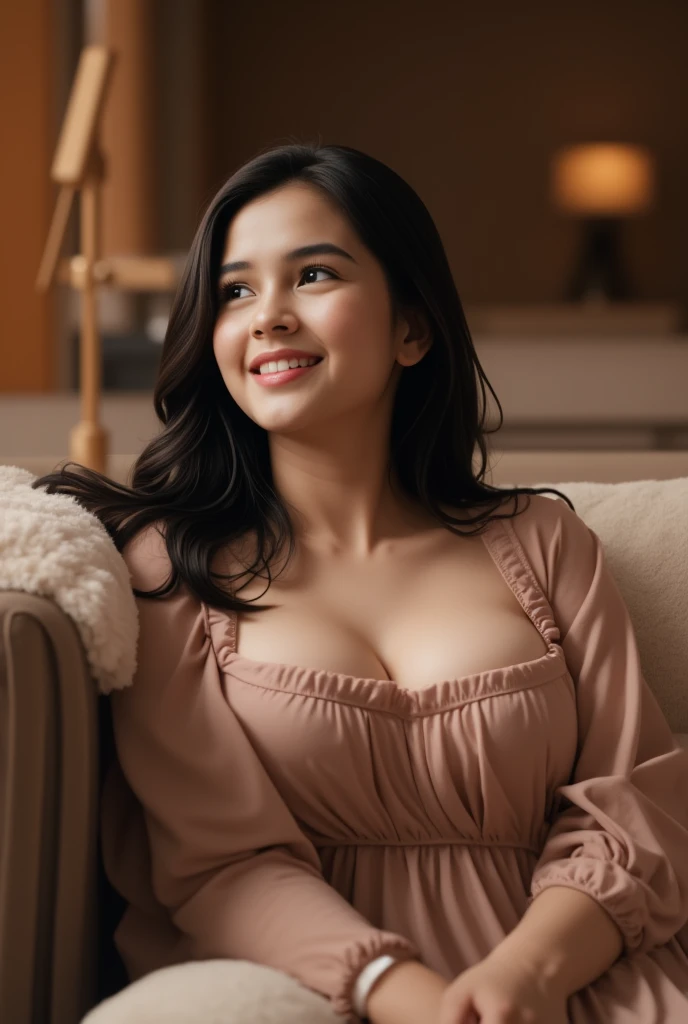 A young woman's serene portrait: soft focus, warm cinematic lighting, and a cozy dress frame her innocent expression and her huge breasts bounching. She sits in a gentle pose on a plush sofa, gazing off into the distance with a contemplative look, as if lost in thought. The relaxed posture and subtle smile convey quiet introspection.