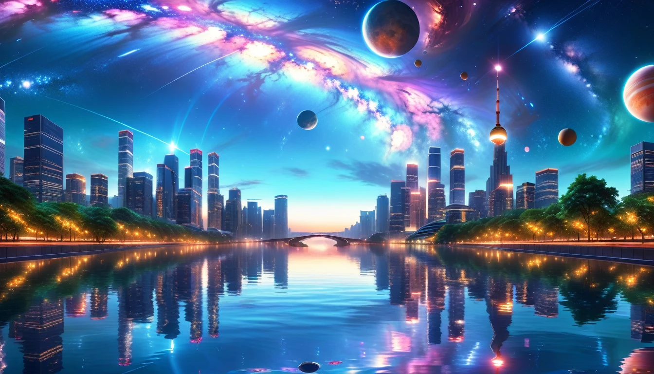 A Masterpiece In 32K Resolution, Supreme Quality, Super Detail, Official Art, Very High-Resolution 32K Wallpaper, Beautiful And Aesthetic, Ultra-Detailed Features, Awe-Inspiring Detail. A Modern Cityscape With Skyscrapers Blending Into A Vibrant Galaxy Stretching Across The Night Sky. The Light From Stars And Planets In The Galaxy Reflects Down Onto The Water Below. Surrounding The City Is A Lush Forest With Tall Trees And Dense Foliage, Creating A Harmony Between Nature And Technology. There Could Be A Small River Or Lake In The Forest, Reflecting The Glow Of The Galaxy Above.