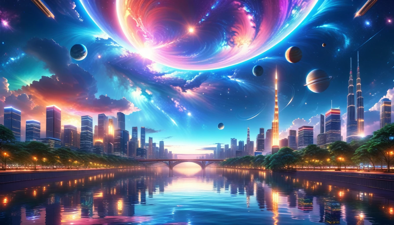 A Masterpiece In 32K Resolution, Supreme Quality, Super Detail, Official Art, Very High-Resolution 32K Wallpaper, Beautiful And Aesthetic, Ultra-Detailed Features, Awe-Inspiring Detail. A Modern Cityscape With Skyscrapers Blending Into A Vibrant Galaxy Stretching Across The Night Sky. The Light From Stars And Planets In The Galaxy Reflects Down Onto The Water Below. Surrounding The City Is A Lush Forest With Tall Trees And Dense Foliage, Creating A Harmony Between Nature And Technology. There Could Be A Small River Or Lake In The Forest, Reflecting The Glow Of The Galaxy Above.