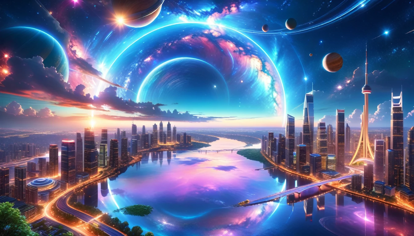 A Masterpiece In 32K Resolution, Supreme Quality, Super Detail, Official Art, Very High-Resolution 32K Wallpaper, Beautiful And Aesthetic, Ultra-Detailed Features, Awe-Inspiring Detail. A Modern Cityscape With Skyscrapers Blending Into A Vibrant Galaxy Stretching Across The Night Sky. The Light From Stars And Planets In The Galaxy Reflects Down Onto The Water Below. Surrounding The City Is A Lush Forest With Tall Trees And Dense Foliage, Creating A Harmony Between Nature And Technology. There Could Be A Small River Or Lake In The Forest, Reflecting The Glow Of The Galaxy Above.