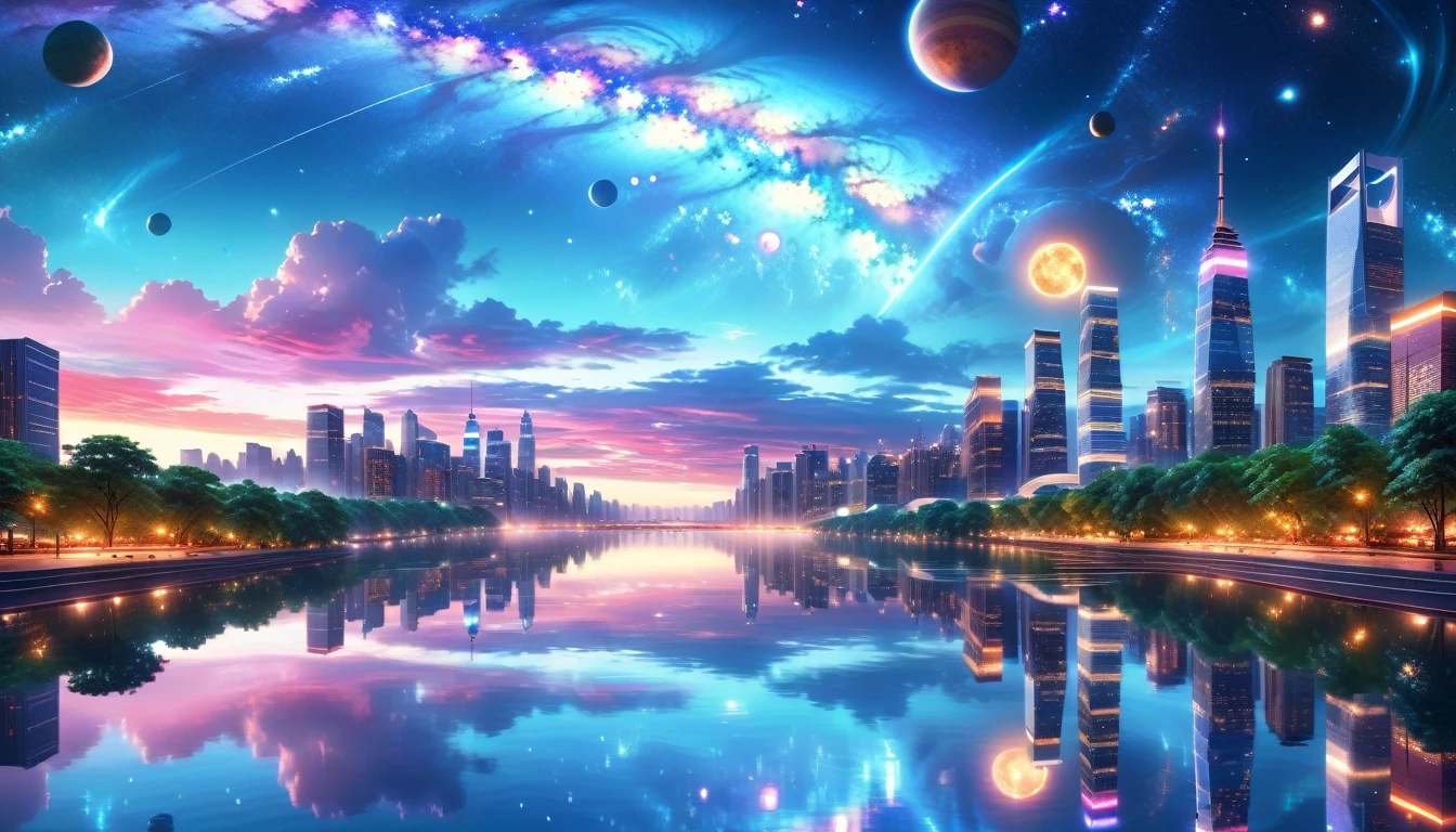 A Masterpiece In 32K Resolution, Supreme Quality, Super Detail, Official Art, Very High-Resolution 32K Wallpaper, Beautiful And Aesthetic, Ultra-Detailed Features, Awe-Inspiring Detail. A Modern Cityscape With Skyscrapers Blending Into A Vibrant Galaxy Stretching Across The Night Sky. The Light From Stars And Planets In The Galaxy Reflects Down Onto The Water Below. Surrounding The City Is A Lush Forest With Tall Trees And Dense Foliage, Creating A Harmony Between Nature And Technology. There Could Be A Small River Or Lake In The Forest, Reflecting The Glow Of The Galaxy Above.