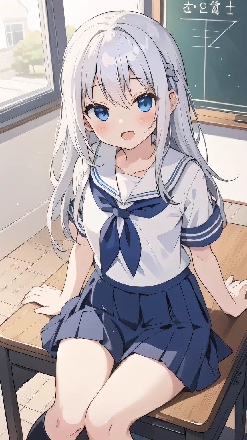 cute girl, アニメ, silver hair, straight hair, Blue eyes, (young:0.9), (small bust:0.5), (cute:1.3), (middle bust:0.8), (cute girl:1.2), cowboy shot, cute, side shot, (Smail:1.3), open mouth, backwards, (sit down:1.4), (white school uniform:1.6), (dark blue skirt:1.5), (ローアングル:1.4), close eyes, (seduce:1.4), open leg, o-face, open leg