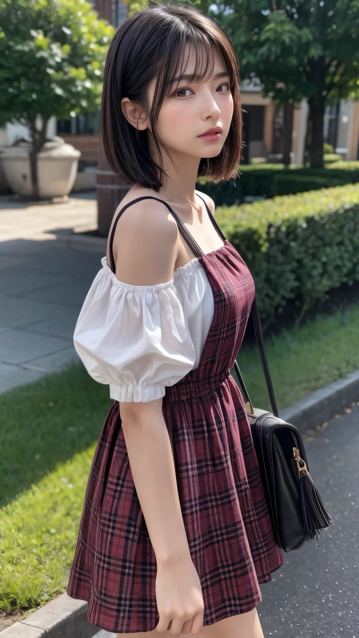 (from side2.0),beautiful detailed eyes, beautiful detailed lips, extremely detailed eyes and face, longeyelashes, 1 girl, face close up, outside the countryside,, sweat, (dark skin color),(very short black hair),displeased, sulky, ((casual fashion,casual dress,pink plaids dress,no sleeve)),(sandal),shoulder bag,best quality, 4k, 8k, highres, masterpiece:1.2, ultra-detailed, realistic, photorealistic, photo-realistic:1.37, HDR, UHD, studio lighting, ultra-fine painting, sharp focus, physically-based rendering, extreme detail description, professional, vivid colors, bokeh, portraits