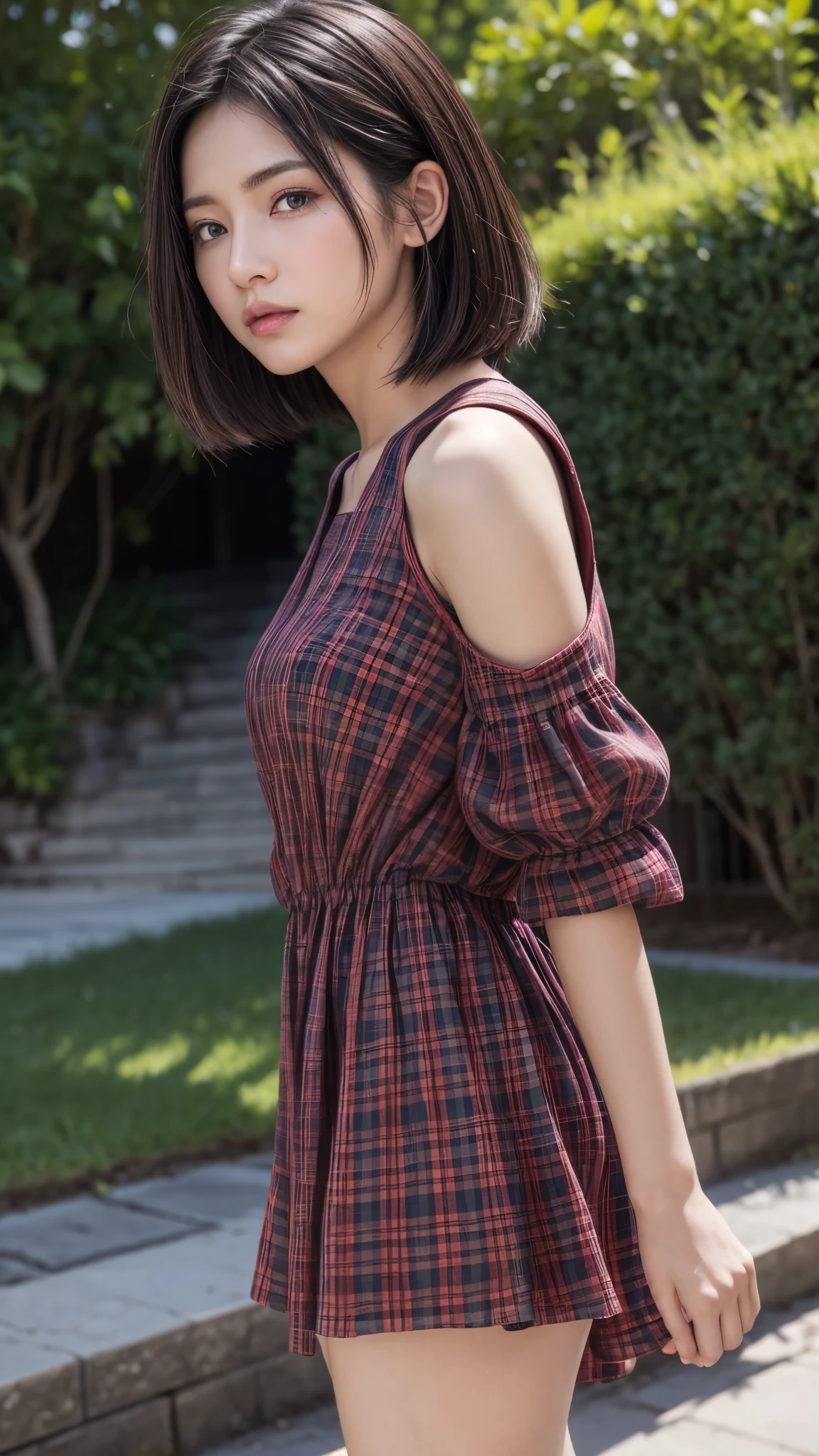 (from side2.0),beautiful detailed eyes, beautiful detailed lips, extremely detailed eyes and face, longeyelashes, 1 girl, face close up, outside the countryside,, sweat, (dark skin color),(very short black hair),displeased, sulky, ((casual fashion,casual dress,pink plaids dress,no sleeve)),(sandal),shoulder bag,best quality, 4k, 8k, highres, masterpiece:1.2, ultra-detailed, realistic, photorealistic, photo-realistic:1.37, HDR, UHD, studio lighting, ultra-fine painting, sharp focus, physically-based rendering, extreme detail description, professional, vivid colors, bokeh, portraits 