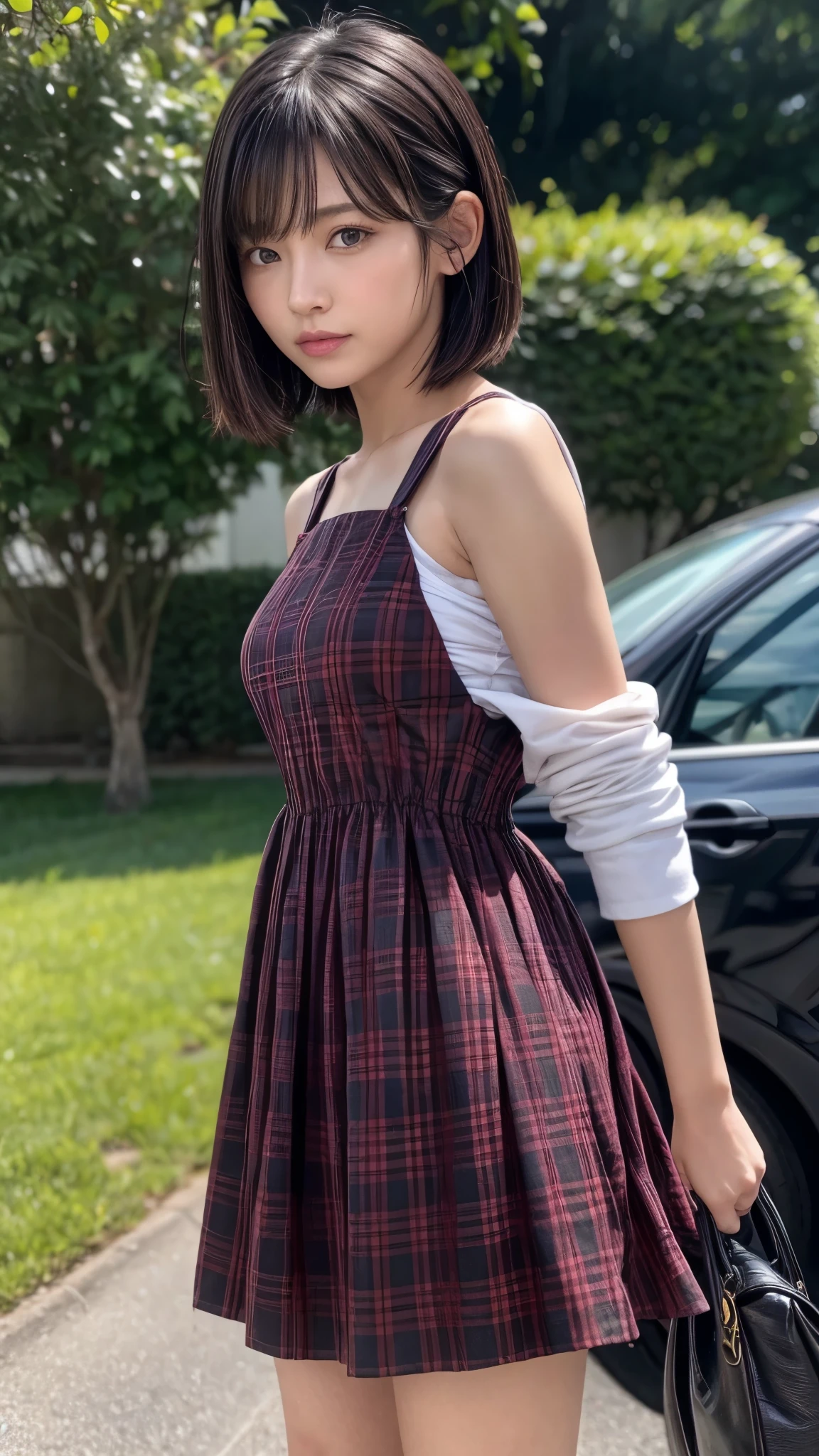 (from side2.0),beautiful detailed eyes, beautiful detailed lips, extremely detailed eyes and face, longeyelashes, 1 girl, face close up, outside the countryside,, sweat, (dark skin color),(very short black hair),displeased, sulky, ((casual fashion,casual dress,pink plaids dress,no sleeve)),(sandal),shoulder bag,best quality, 4k, 8k, highres, masterpiece:1.2, ultra-detailed, realistic, photorealistic, photo-realistic:1.37, HDR, UHD, studio lighting, ultra-fine painting, sharp focus, physically-based rendering, extreme detail description, professional, vivid colors, bokeh, portraits