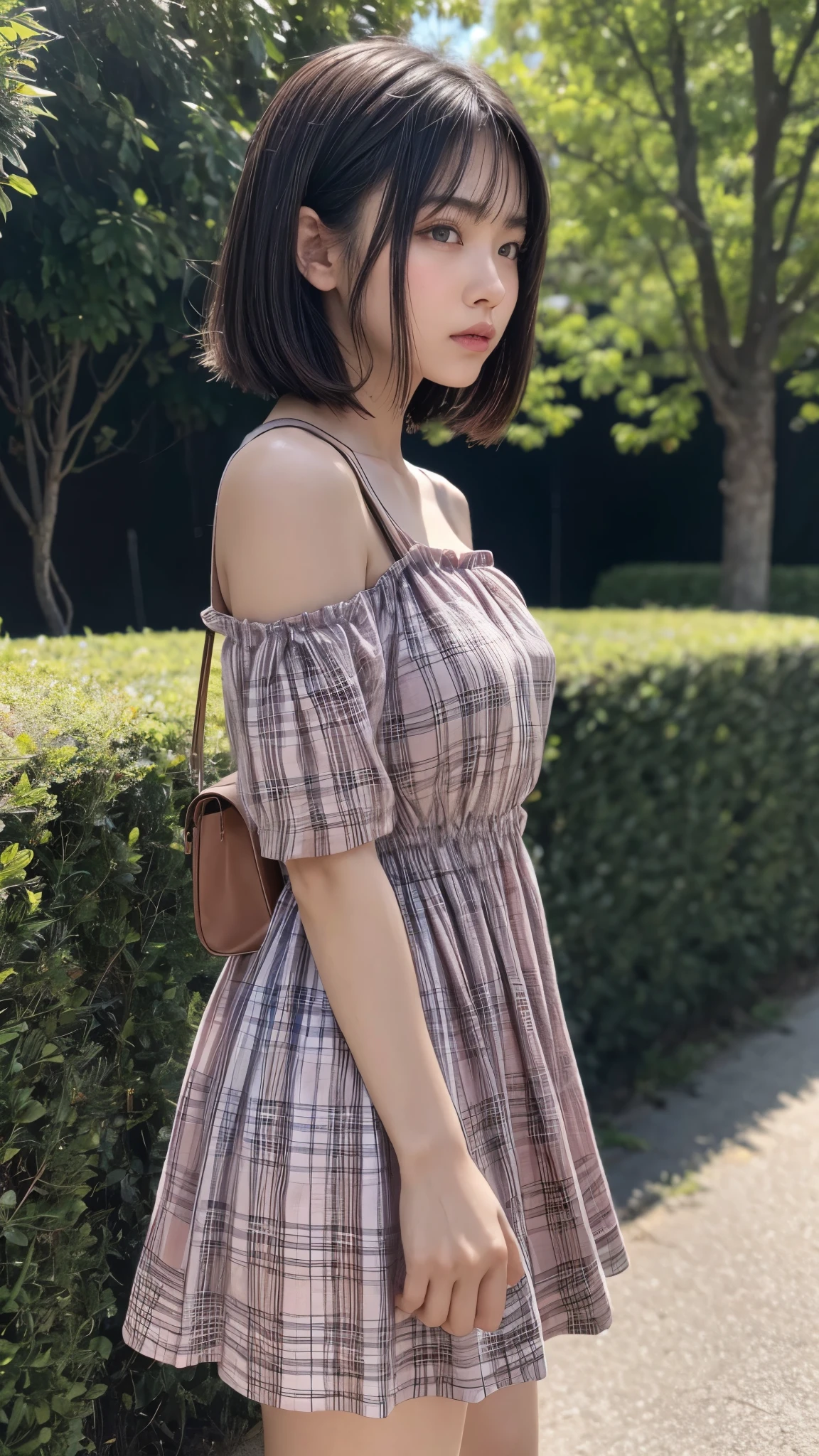 (from side2.0),beautiful detailed eyes, beautiful detailed lips, extremely detailed eyes and face, longeyelashes, 1 girl, face close up, outside the countryside,, sweat, (dark skin color),(very short black hair),displeased, sulky, ((casual fashion,casual dress,pink plaids dress,no sleeve)),(sandal),shoulder bag,best quality, 4k, 8k, highres, masterpiece:1.2, ultra-detailed, realistic, photorealistic, photo-realistic:1.37, HDR, UHD, studio lighting, ultra-fine painting, sharp focus, physically-based rendering, extreme detail description, professional, vivid colors, bokeh, portraits 