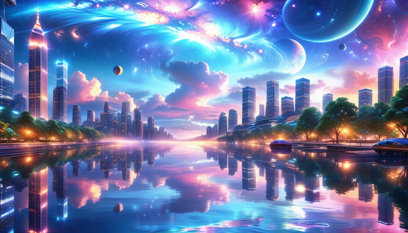 A Masterpiece In 32K Resolution, Supreme Quality, Super Detail, Official Art, Very High-Resolution 32K Wallpaper, Beautiful And Aesthetic, Ultra-Detailed Features, Awe-Inspiring Detail. A Modern Cityscape With Skyscrapers Blending Into A Vibrant Galaxy Stretching Across The Night Sky. The Light From Stars And Planets In The Galaxy Reflects Down Onto The Water Below. Surrounding The City Is A Lush Forest With Tall Trees And Dense Foliage, Creating A Harmony Between Nature And Technology. There Could Be A Small River Or Lake In The Forest, Reflecting The Glow Of The Galaxy Above.