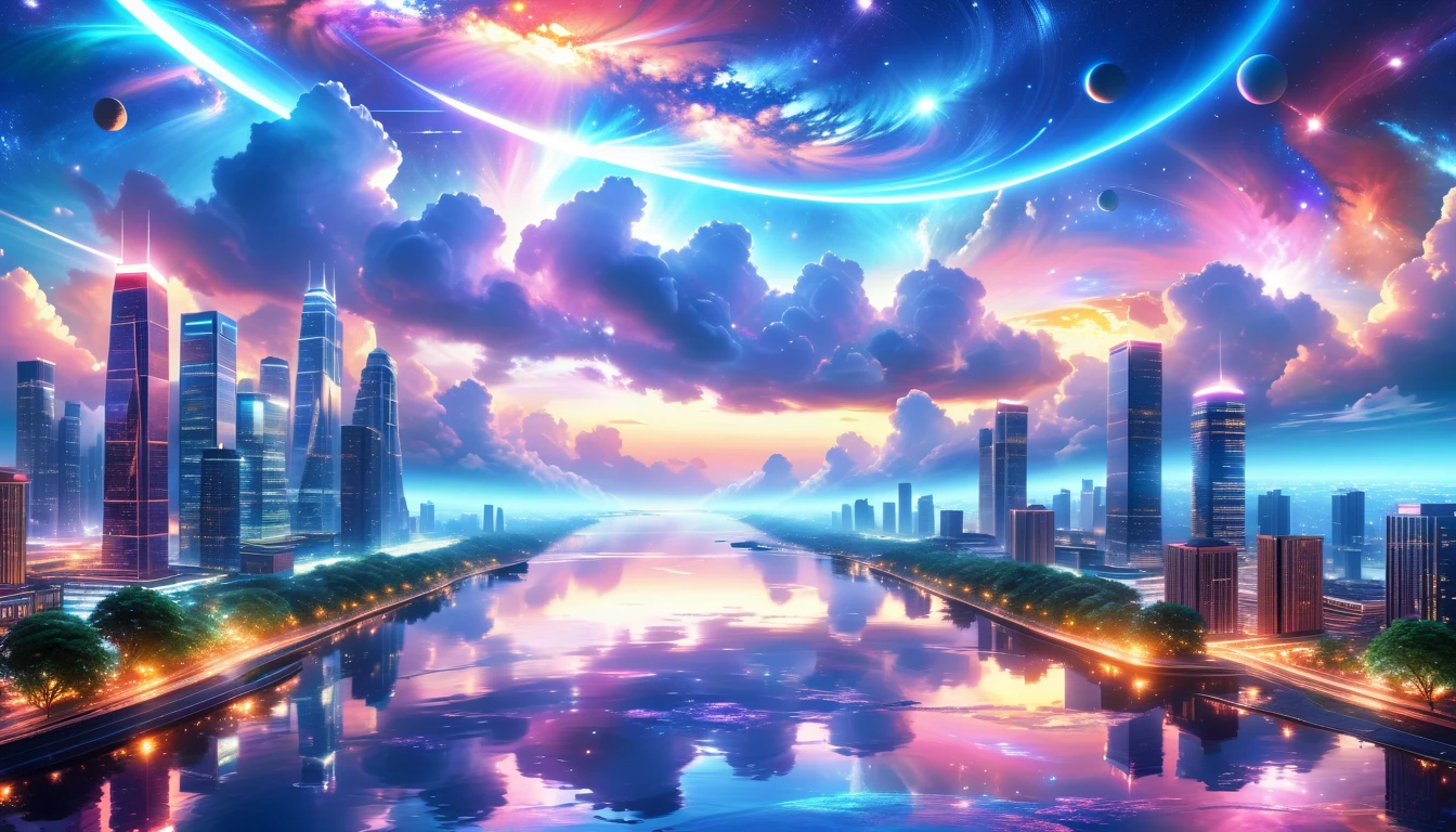 A Masterpiece In 32K Resolution, Supreme Quality, Super Detail, Official Art, Very High-Resolution 32K Wallpaper, Beautiful And Aesthetic, Ultra-Detailed Features, Awe-Inspiring Detail. A Modern Cityscape With Skyscrapers Blending Into A Vibrant Galaxy Stretching Across The Night Sky. The Light From Stars And Planets In The Galaxy Reflects Down Onto The Water Below. Surrounding The City Is A Lush Forest With Tall Trees And Dense Foliage, Creating A Harmony Between Nature And Technology. There Could Be A Small River Or Lake In The Forest, Reflecting The Glow Of The Galaxy Above.