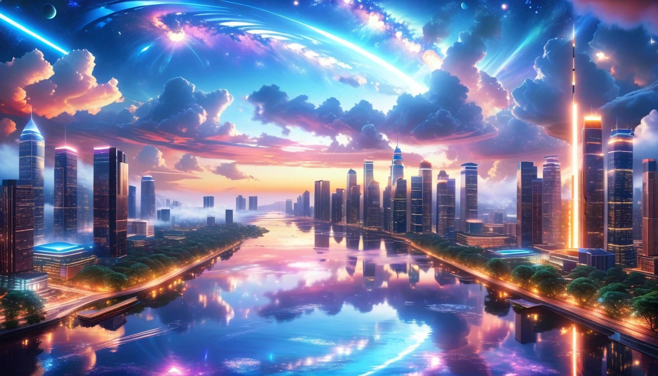 A Masterpiece In 32K Resolution, Supreme Quality, Super Detail, Official Art, Very High-Resolution 32K Wallpaper, Beautiful And Aesthetic, Ultra-Detailed Features, Awe-Inspiring Detail. A Modern Cityscape With Skyscrapers Blending Into A Vibrant Galaxy Stretching Across The Night Sky. The Light From Stars And Planets In The Galaxy Reflects Down Onto The Water Below. Surrounding The City Is A Lush Forest With Tall Trees And Dense Foliage, Creating A Harmony Between Nature And Technology. There Could Be A Small River Or Lake In The Forest, Reflecting The Glow Of The Galaxy Above.