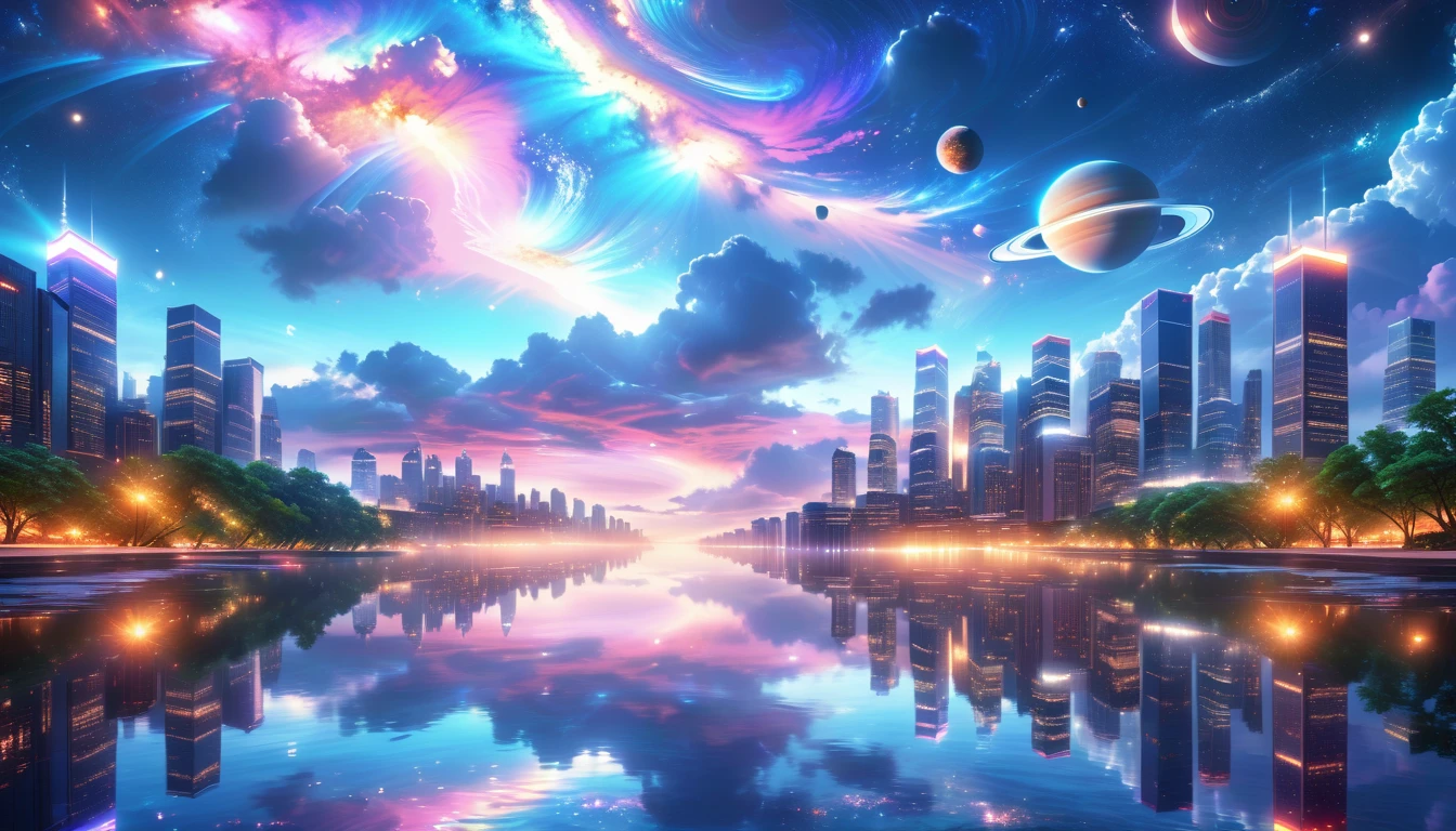 A Masterpiece In 32K Resolution, Supreme Quality, Super Detail, Official Art, Very High-Resolution 32K Wallpaper, Beautiful And Aesthetic, Ultra-Detailed Features, Awe-Inspiring Detail. A Modern Cityscape With Skyscrapers Blending Into A Vibrant Galaxy Stretching Across The Night Sky. The Light From Stars And Planets In The Galaxy Reflects Down Onto The Water Below. Surrounding The City Is A Lush Forest With Tall Trees And Dense Foliage, Creating A Harmony Between Nature And Technology. There Could Be A Small River Or Lake In The Forest, Reflecting The Glow Of The Galaxy Above.