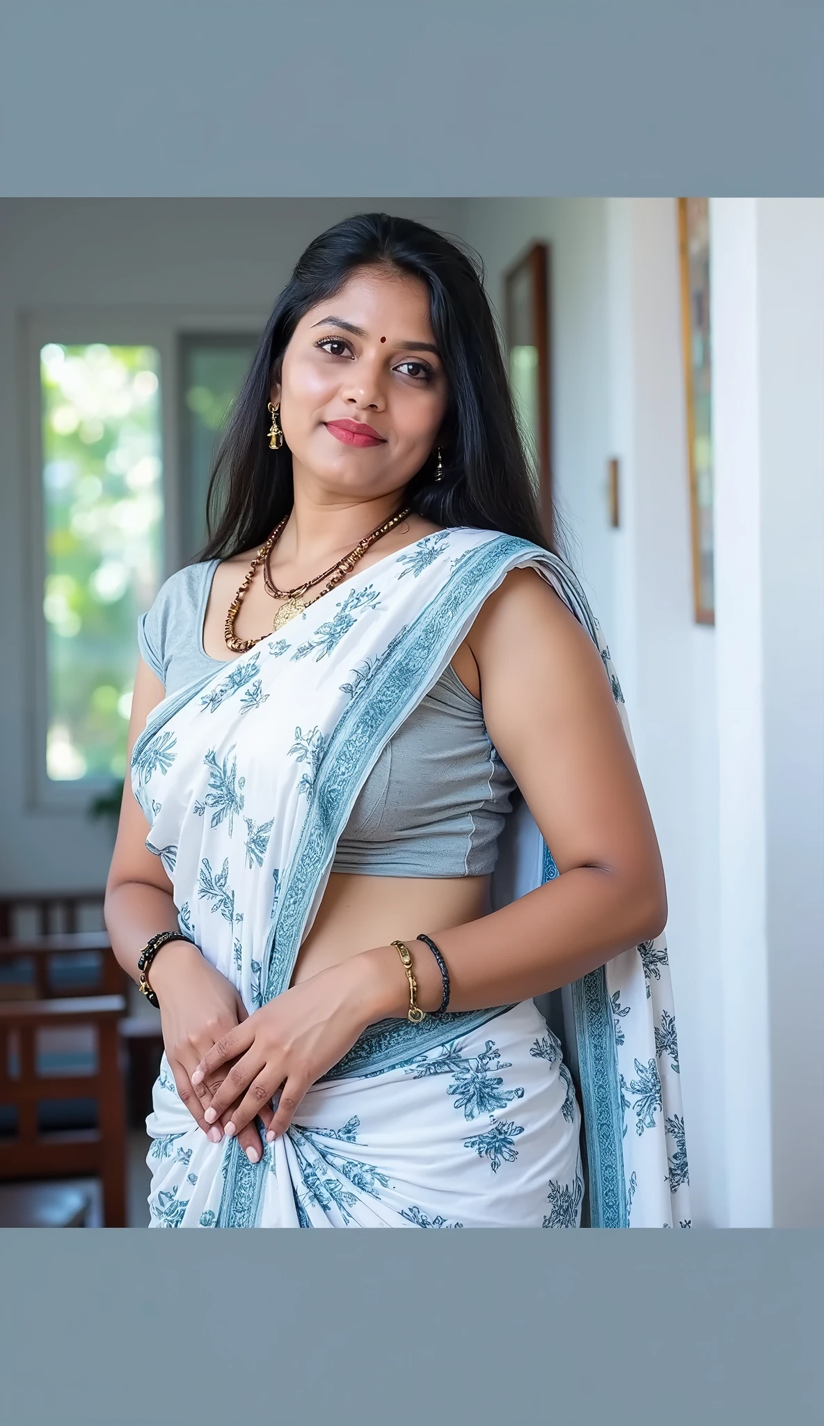 a tall and beautiful Indian actress in satin blue saree carrying a large man over her head sitting on her shoulders in home balcony , natural smile, she has strong arms, traditional