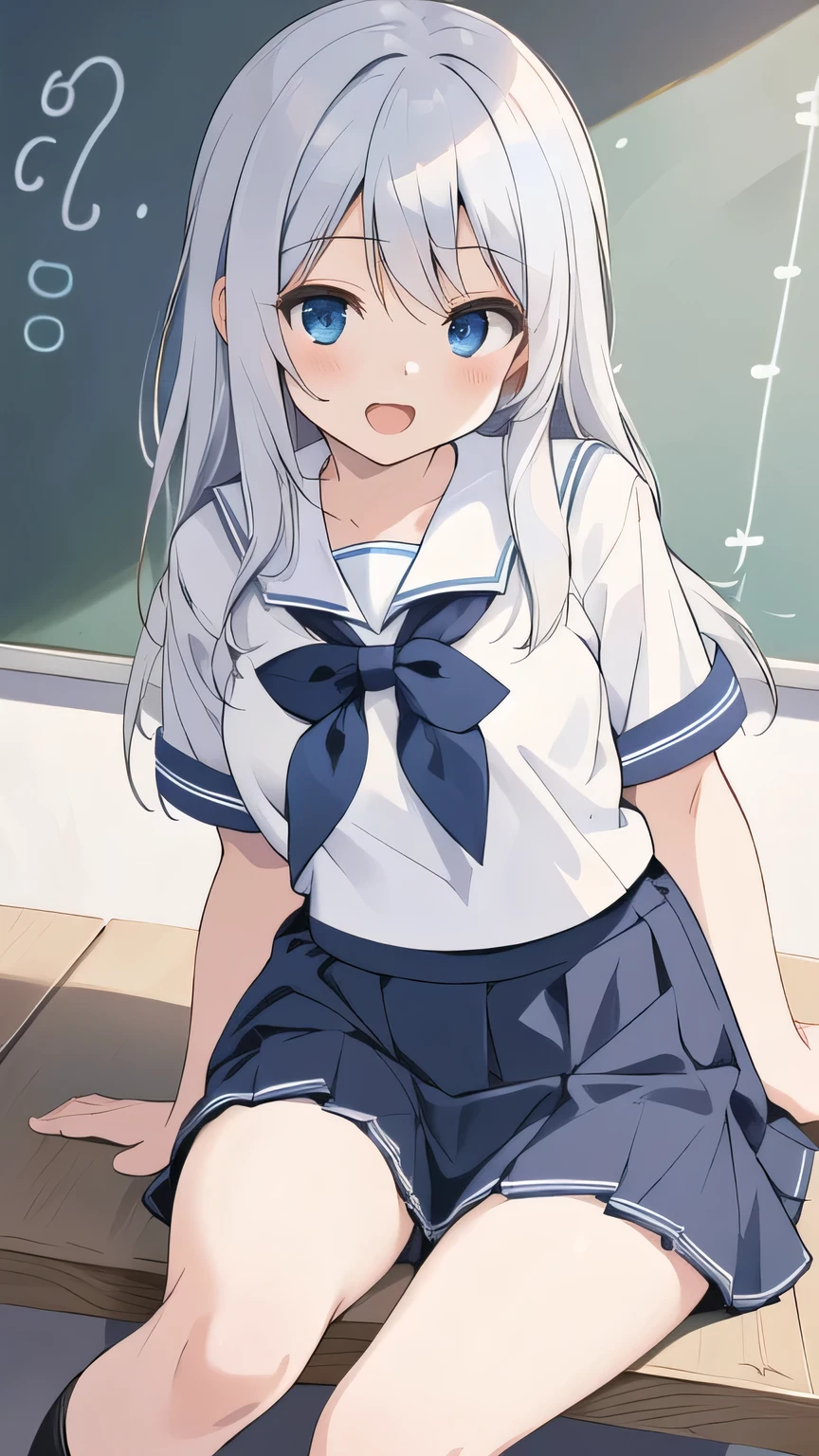 cute girl, anime, silver hair, straight hair, blue eyes, (young:0.9), (small bust:0.5), (cute:1.3), (middle bust:0.8), (cute girl:1.2), cowboy shot, cute, side shot, (Smail:1.3), open mouth, backwards, (sit down:1.4), (white school uniform:1.6), (dark blue skirt:1.5), (Low angle:1.4), close eyes, (seduce:1.4), open leg, o-face, Sitting with legs crossed