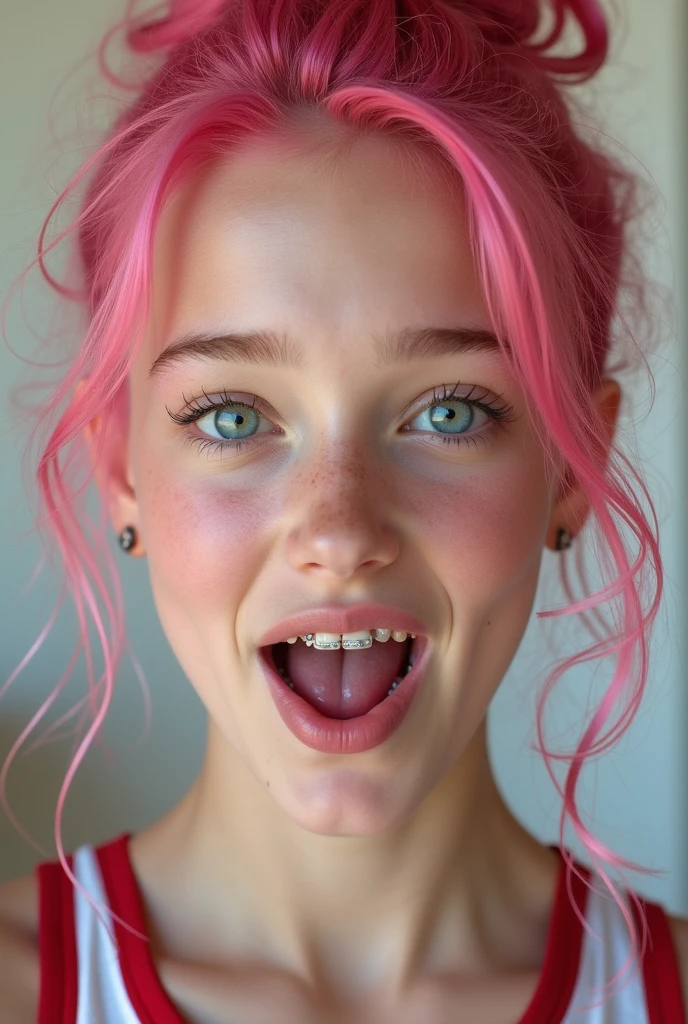 beautiful lady, blue eyes, pink hair, with freckles, big smile, hyperrealism, photography, leaning forward, cleavage