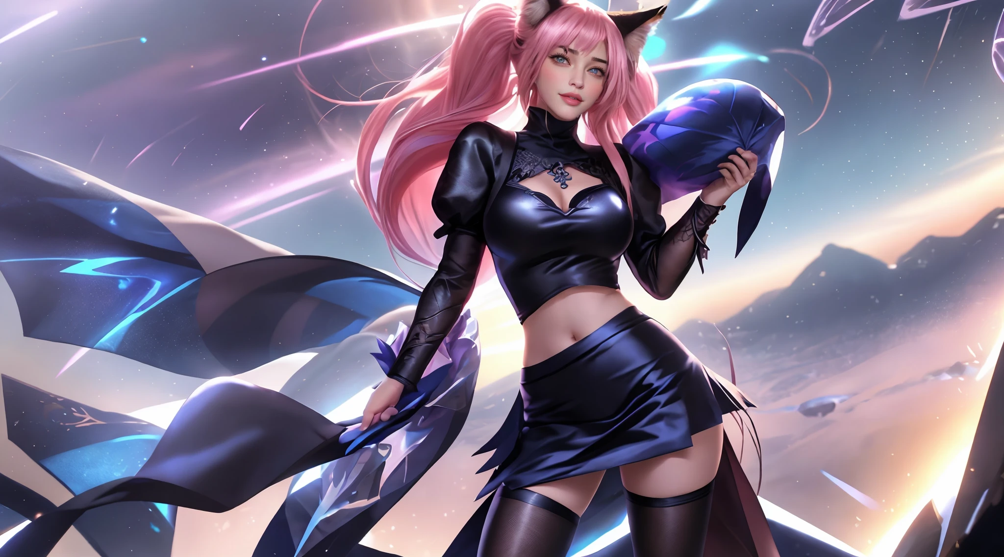1girl,hat,dress, thighhighs, standing, cityscape, night, mini hat, cleavage, elbow gloves,mature female, <lora:wuzetianNIKESIV_20230710202358:0.75>,arms behind back,