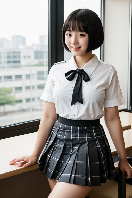 Japanese high school girl, cute, big breasts, big buttocks, slim waist, short black bob hair, white uniform blouse with ribbon tie, checkered mini-length pleated skirt, cute smile, high-definition real photo, professional lighting technique, by the window in the classroom