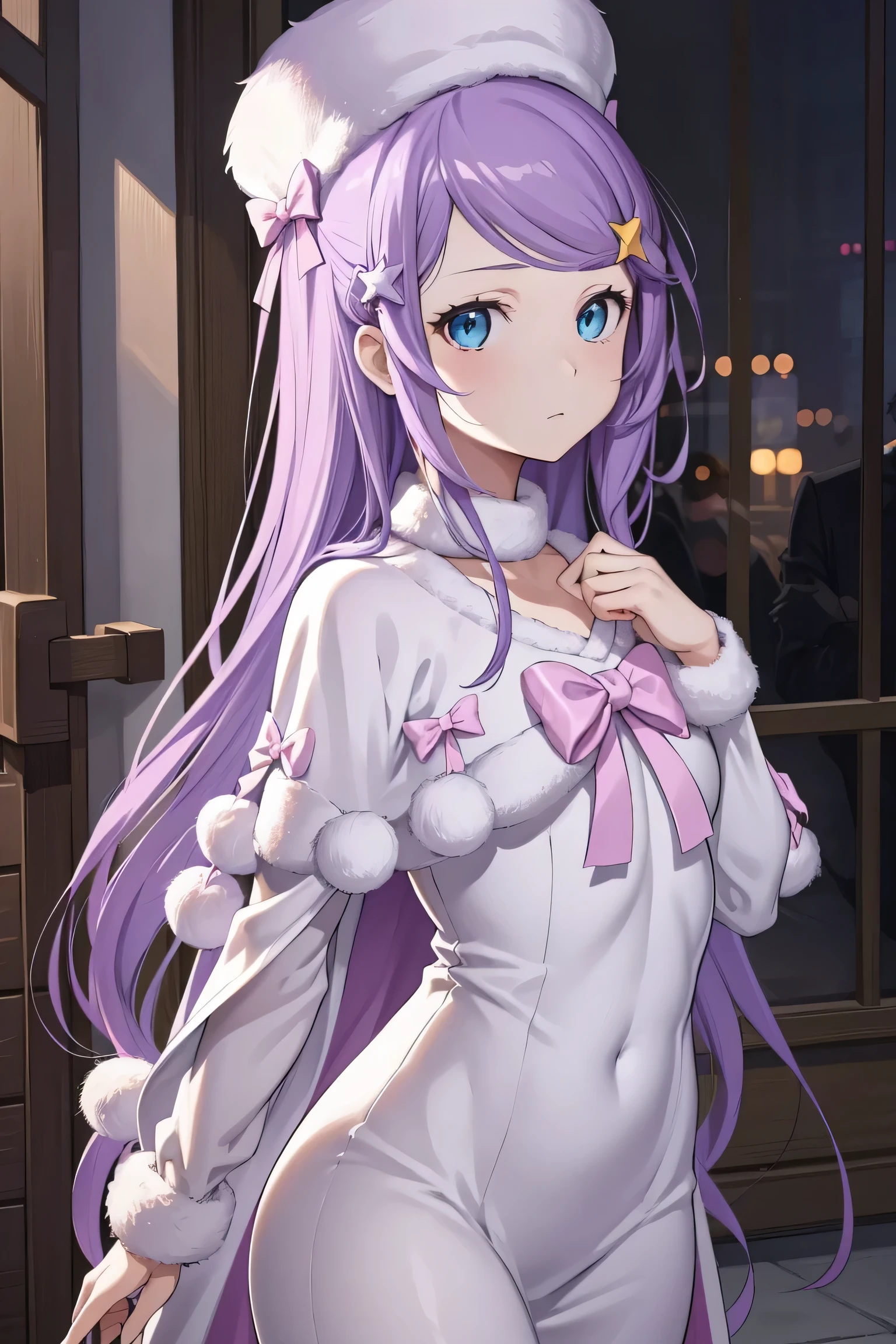 Anastasia Hoshin, Anastasia Hoshin, Long Hair, blue eyes, Purple Hair, bangs,
break hair ornament, Long sleeve, Have, dress, bow, star \(symbol\), white dress, Fur trim, White headdress, pink bow, Pom-pom \(Clothes\), star hair ornament,
break looking at viewer, whole body,
break indoors,
break (masterpiece:1.2), Best Quality, High resolution, unity 8k wallpaper, (Illustration:0.8), (Beautiful fine details:1.6), Highly detailed face, perfect lighting, Extremely detailed CG, (Perfect hands, perfect anatomy),