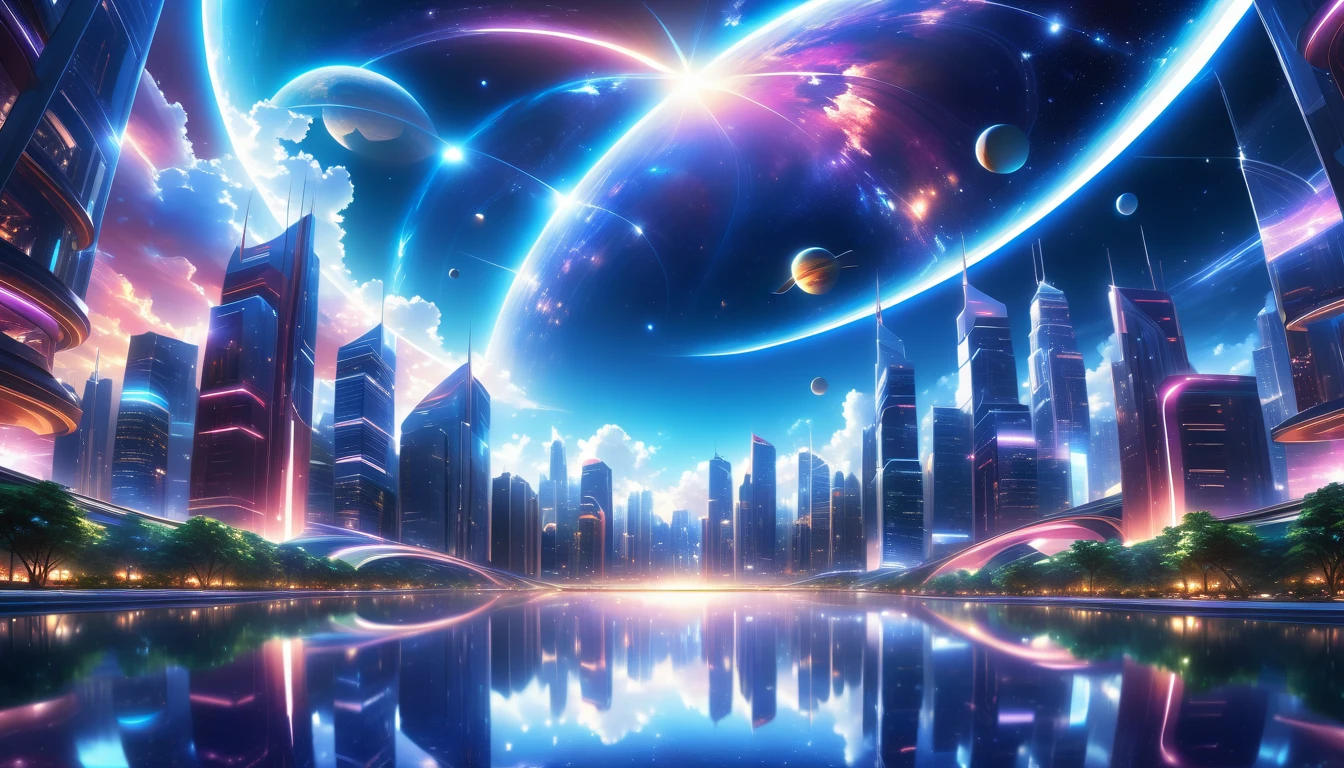 A Masterpiece In 32K Resolution, Supreme Quality, Super Detail, Official Art, Very High-Resolution 32K Wallpaper, Beautiful And Aesthetic, Ultra-Detailed Features, Awe-Inspiring Detail. A Modern Cityscape With Skyscrapers Blending Into A Vibrant Galaxy Stretching Across The Night Sky. The Light From Stars And Planets In The Galaxy Reflects Down Onto The Water Below. Surrounding The City Is A Lush Forest With Tall Trees And Dense Foliage, Creating A Harmony Between Nature And Technology. There Could Be A Small River Or Lake In The Forest, Reflecting The Glow Of The Galaxy Above.