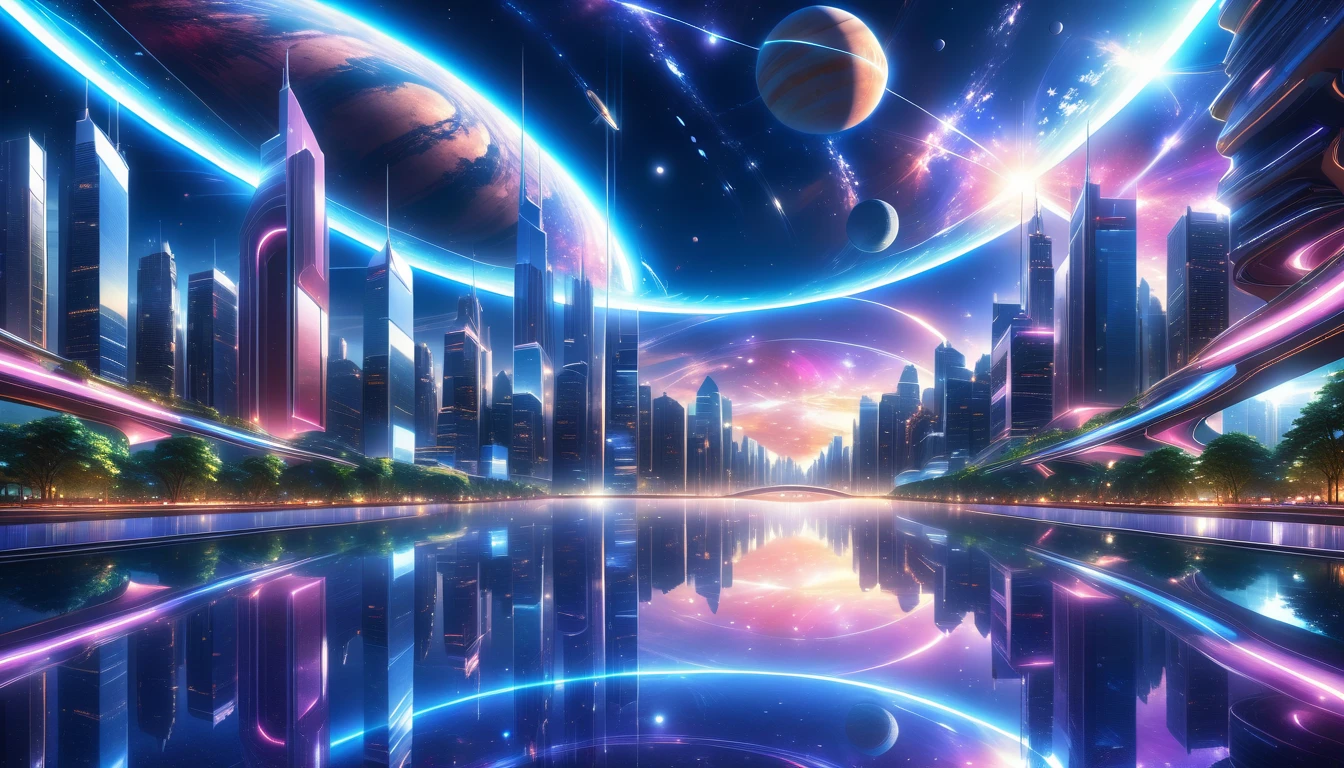 A Masterpiece In 32K Resolution, Supreme Quality, Super Detail, Official Art, Very High-Resolution 32K Wallpaper, Beautiful And Aesthetic, Ultra-Detailed Features, Awe-Inspiring Detail. A Modern Cityscape With Skyscrapers Blending Into A Vibrant Galaxy Stretching Across The Night Sky. The Light From Stars And Planets In The Galaxy Reflects Down Onto The Water Below. Surrounding The City Is A Lush Forest With Tall Trees And Dense Foliage, Creating A Harmony Between Nature And Technology. There Could Be A Small River Or Lake In The Forest, Reflecting The Glow Of The Galaxy Above.