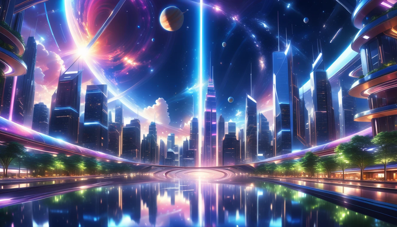 A Masterpiece In 32K Resolution, Supreme Quality, Super Detail, Official Art, Very High-Resolution 32K Wallpaper, Beautiful And Aesthetic, Ultra-Detailed Features, Awe-Inspiring Detail. A Modern Cityscape With Skyscrapers Blending Into A Vibrant Galaxy Stretching Across The Night Sky. The Light From Stars And Planets In The Galaxy Reflects Down Onto The Water Below. Surrounding The City Is A Lush Forest With Tall Trees And Dense Foliage, Creating A Harmony Between Nature And Technology. There Could Be A Small River Or Lake In The Forest, Reflecting The Glow Of The Galaxy Above.