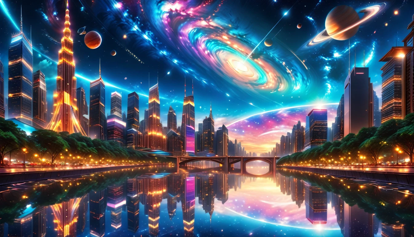 A Masterpiece In 32K Resolution, Supreme Quality, Super Detail, Official Art, Very High-Resolution 32K Wallpaper, Beautiful And Aesthetic, Ultra-Detailed Features, Awe-Inspiring Detail. A Modern Cityscape With Skyscrapers Blending Into A Vibrant Galaxy Stretching Across The Night Sky. The Light From Stars And Planets In The Galaxy Reflects Down Onto The Water Below. Surrounding The City Is A Lush Forest With Tall Trees And Dense Foliage, Creating A Harmony Between Nature And Technology. There Could Be A Small River Or Lake In The Forest, Reflecting The Glow Of The Galaxy Above.