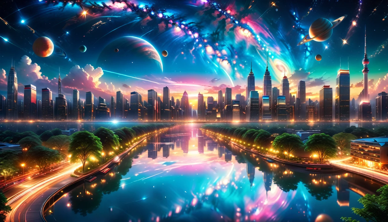 A Masterpiece In 32K Resolution, Supreme Quality, Super Detail, Official Art, Very High-Resolution 32K Wallpaper, Beautiful And Aesthetic, Ultra-Detailed Features, Awe-Inspiring Detail. A Modern Cityscape With Skyscrapers Blending Into A Vibrant Galaxy Stretching Across The Night Sky. The Light From Stars And Planets In The Galaxy Reflects Down Onto The Water Below. Surrounding The City Is A Lush Forest With Tall Trees And Dense Foliage, Creating A Harmony Between Nature And Technology. There Could Be A Small River Or Lake In The Forest, Reflecting The Glow Of The Galaxy Above.