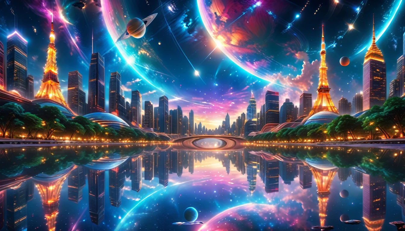 A Masterpiece In 32K Resolution, Supreme Quality, Super Detail, Official Art, Very High-Resolution 32K Wallpaper, Beautiful And Aesthetic, Ultra-Detailed Features, Awe-Inspiring Detail. A Modern Cityscape With Skyscrapers Blending Into A Vibrant Galaxy Stretching Across The Night Sky. The Light From Stars And Planets In The Galaxy Reflects Down Onto The Water Below. Surrounding The City Is A Lush Forest With Tall Trees And Dense Foliage, Creating A Harmony Between Nature And Technology. There Could Be A Small River Or Lake In The Forest, Reflecting The Glow Of The Galaxy Above.