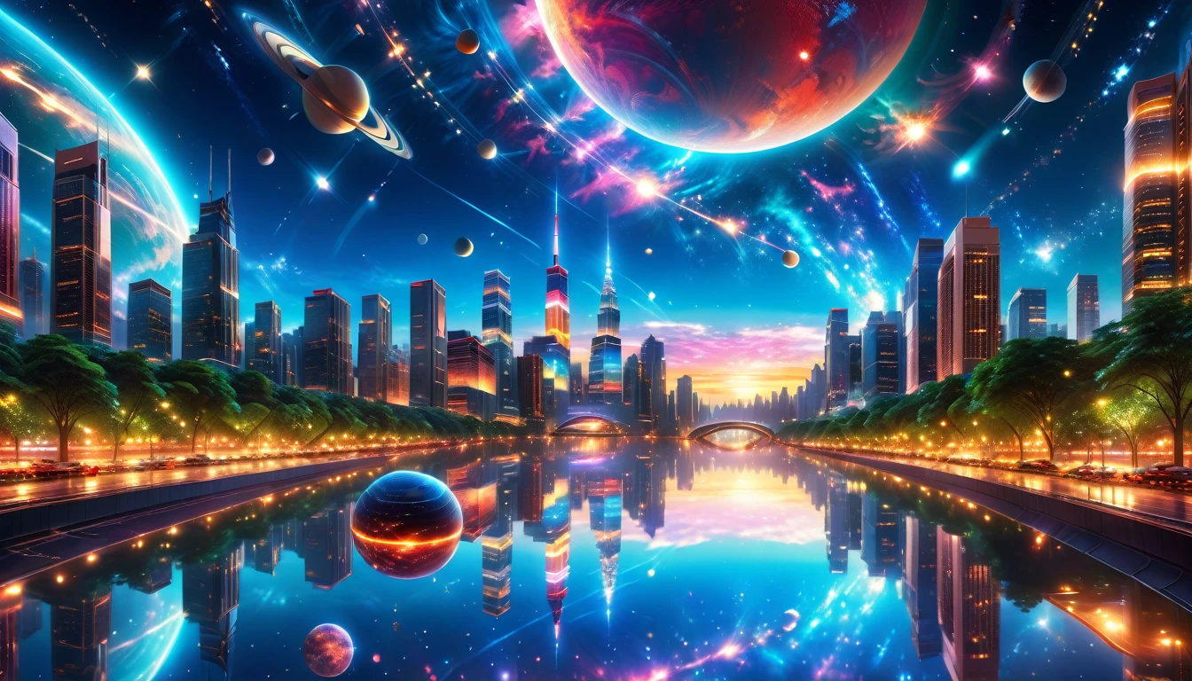 A Masterpiece In 32K Resolution, Supreme Quality, Super Detail, Official Art, Very High-Resolution 32K Wallpaper, Beautiful And Aesthetic, Ultra-Detailed Features, Awe-Inspiring Detail. A Modern Cityscape With Skyscrapers Blending Into A Vibrant Galaxy Stretching Across The Night Sky. The Light From Stars And Planets In The Galaxy Reflects Down Onto The Water Below. Surrounding The City Is A Lush Forest With Tall Trees And Dense Foliage, Creating A Harmony Between Nature And Technology. There Could Be A Small River Or Lake In The Forest, Reflecting The Glow Of The Galaxy Above.