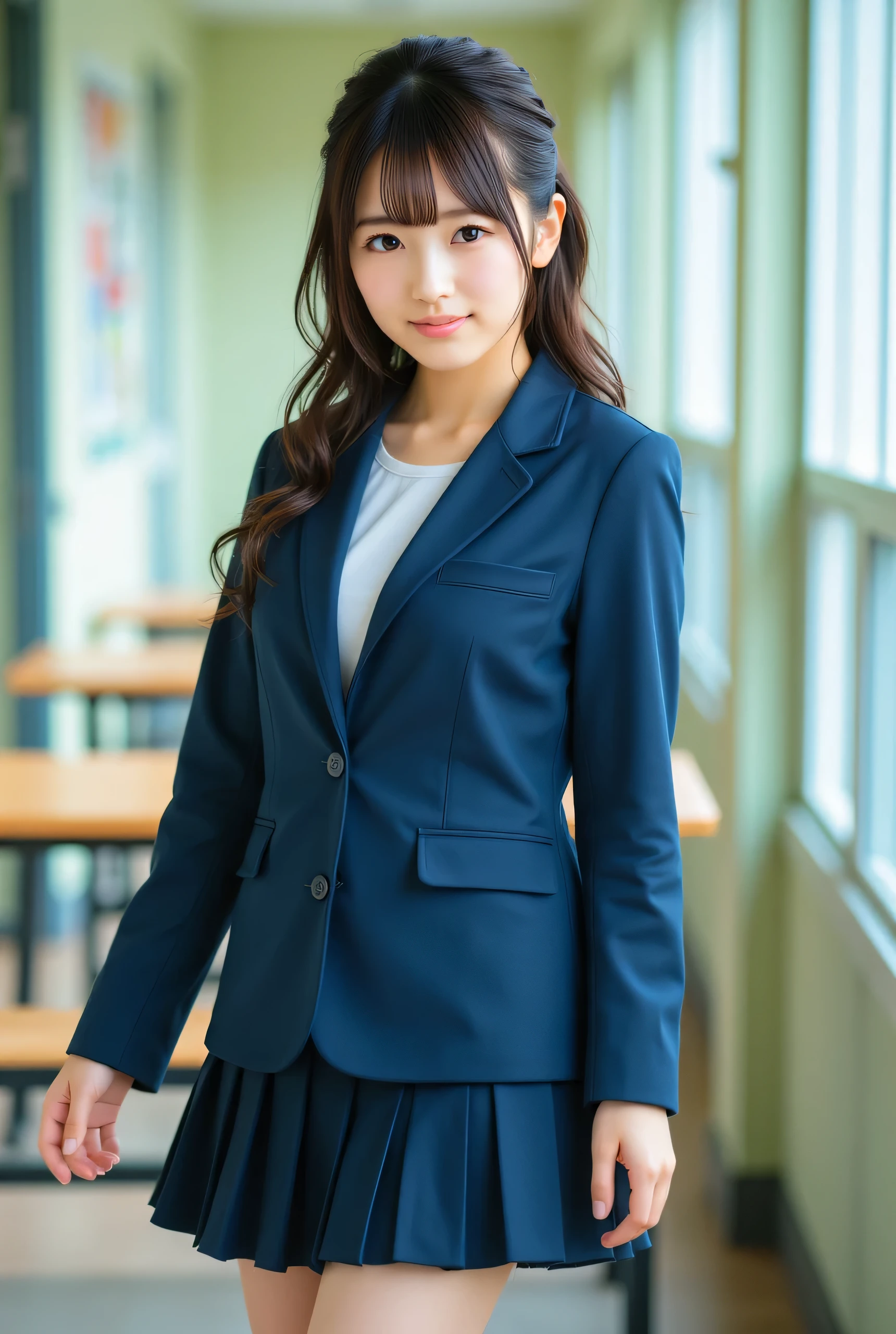 raw photo of Cute idol high school girl,cute 1 gravure idol, j-pop idol style,school uniform, navy blue blazer, pleated miniskirt,