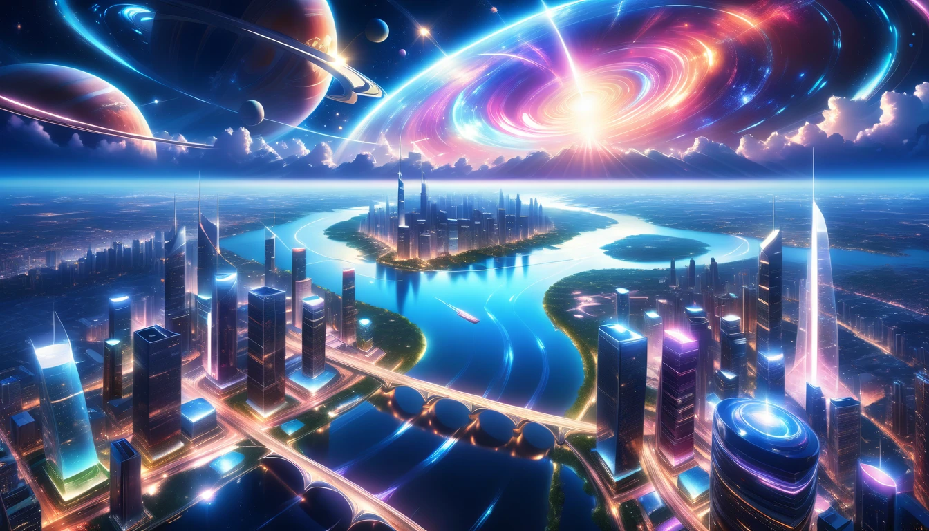 A Masterpiece In 32K Resolution, Supreme Quality, Super Detail, Official Art, Very High-Resolution 32K Wallpaper, Beautiful And Aesthetic, Ultra-Detailed Features, Awe-Inspiring Detail. A Modern Cityscape With Skyscrapers Blending Into A Vibrant Galaxy Stretching Across The Night Sky. The Light From Stars And Planets In The Galaxy Reflects Down Onto The Water Below. Surrounding The City Is A Lush Forest With Tall Trees And Dense Foliage, Creating A Harmony Between Nature And Technology. There Could Be A Small River Or Lake In The Forest, Reflecting The Glow Of The Galaxy Above.