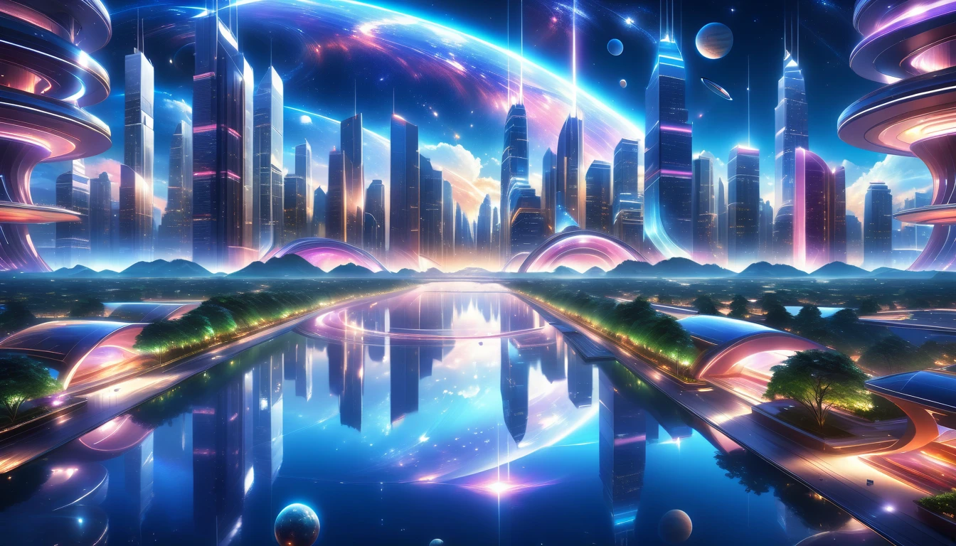 A Masterpiece In 32K Resolution, Supreme Quality, Super Detail, Official Art, Very High-Resolution 32K Wallpaper, Beautiful And Aesthetic, Ultra-Detailed Features, Awe-Inspiring Detail. A Modern Cityscape With Skyscrapers Blending Into A Vibrant Galaxy Stretching Across The Night Sky. The Light From Stars And Planets In The Galaxy Reflects Down Onto The Water Below. Surrounding The City Is A Lush Forest With Tall Trees And Dense Foliage, Creating A Harmony Between Nature And Technology. There Could Be A Small River Or Lake In The Forest, Reflecting The Glow Of The Galaxy Above.