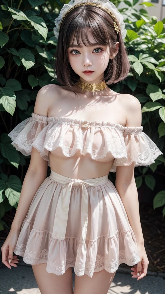 an asian young female, full body, wearing a transparent pink golden lolita dresses, big ribbon ornament on hair, butterfly wing on back, floral earrings, a penis penetration on vagina