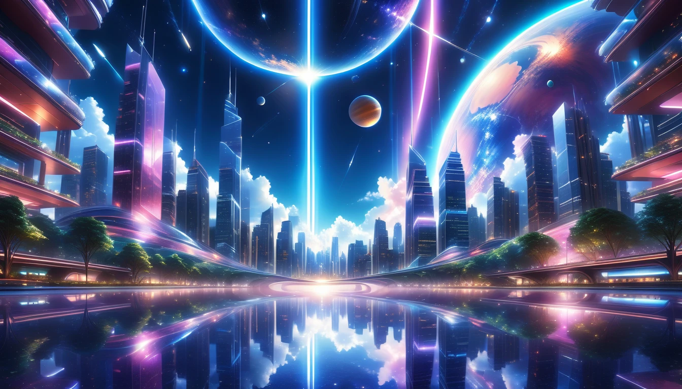 A Masterpiece In 32K Resolution, Supreme Quality, Super Detail, Official Art, Very High-Resolution 32K Wallpaper, Beautiful And Aesthetic, Ultra-Detailed Features, Awe-Inspiring Detail. A Modern Cityscape With Skyscrapers Blending Into A Vibrant Galaxy Stretching Across The Night Sky. The Light From Stars And Planets In The Galaxy Reflects Down Onto The Water Below. Surrounding The City Is A Lush Forest With Tall Trees And Dense Foliage, Creating A Harmony Between Nature And Technology. There Could Be A Small River Or Lake In The Forest, Reflecting The Glow Of The Galaxy Above.