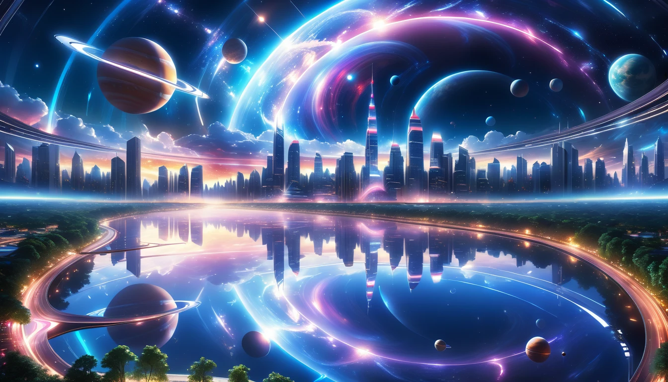 A Masterpiece In 32K Resolution, Supreme Quality, Super Detail, Official Art, Very High-Resolution 32K Wallpaper, Beautiful And Aesthetic, Ultra-Detailed Features, Awe-Inspiring Detail. A Modern Cityscape With Skyscrapers Blending Into A Vibrant Galaxy Stretching Across The Night Sky. The Light From Stars And Planets In The Galaxy Reflects Down Onto The Water Below. Surrounding The City Is A Lush Forest With Tall Trees And Dense Foliage, Creating A Harmony Between Nature And Technology. There Could Be A Small River Or Lake In The Forest, Reflecting The Glow Of The Galaxy Above.