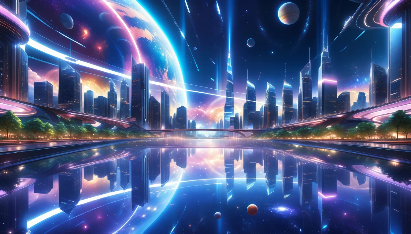 A Masterpiece In 32K Resolution, Supreme Quality, Super Detail, Official Art, Very High-Resolution 32K Wallpaper, Beautiful And Aesthetic, Ultra-Detailed Features, Awe-Inspiring Detail. A Modern Cityscape With Skyscrapers Blending Into A Vibrant Galaxy Stretching Across The Night Sky. The Light From Stars And Planets In The Galaxy Reflects Down Onto The Water Below. Surrounding The City Is A Lush Forest With Tall Trees And Dense Foliage, Creating A Harmony Between Nature And Technology. There Could Be A Small River Or Lake In The Forest, Reflecting The Glow Of The Galaxy Above.